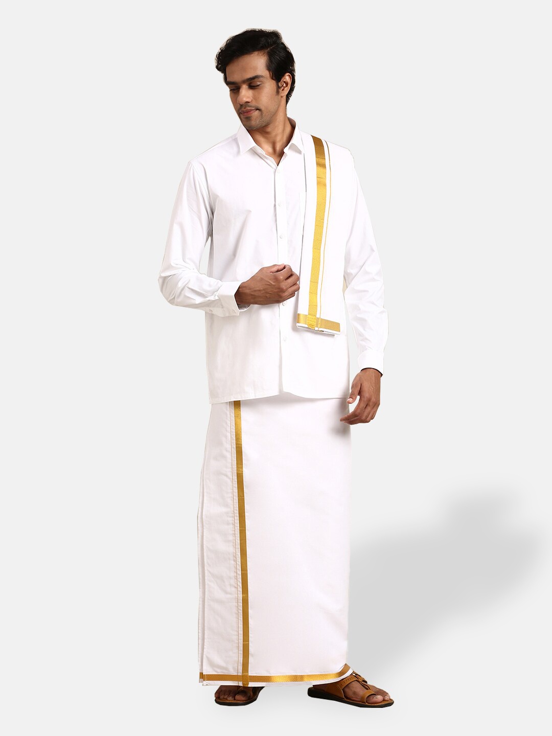 

Ramraj Men Evolution Shirt & Border Dhoti Set, White