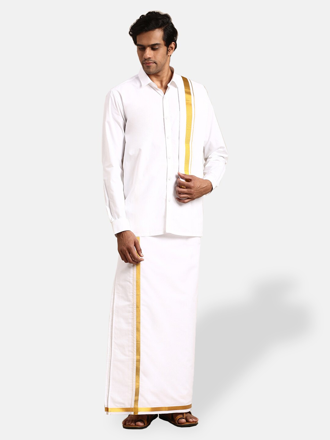 

Ramraj Men Pure Cotton Shirt With Veshti & Towel Set, White