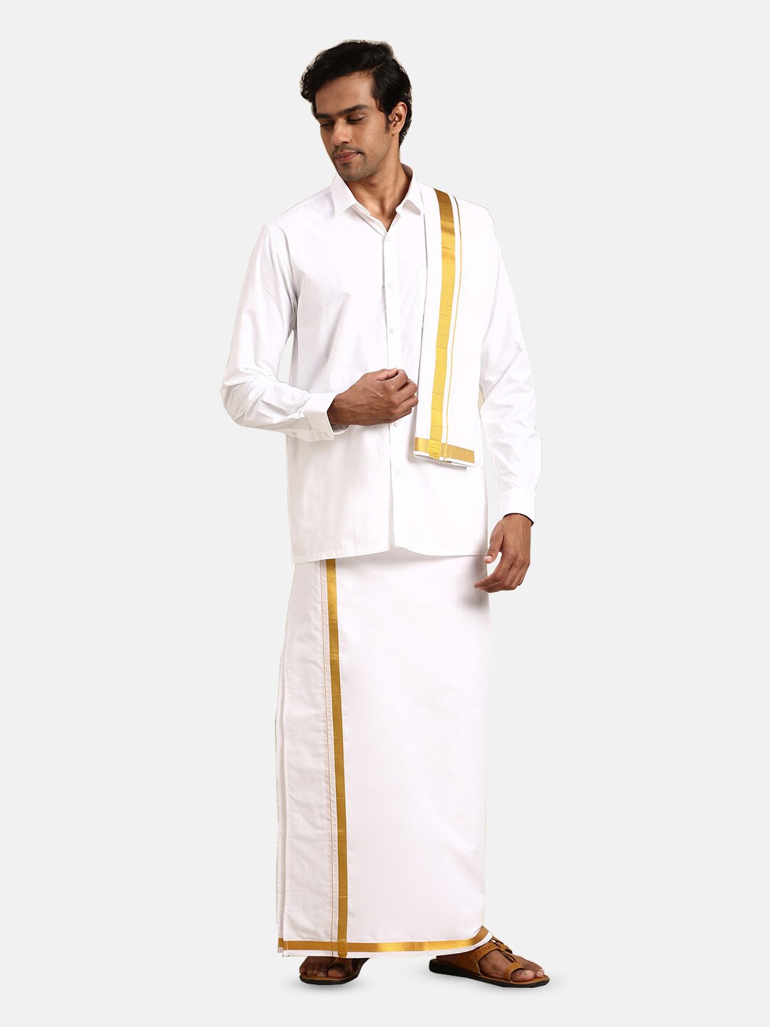

Ramraj Men Long Sleeves Pure Cotton Shirt & Veshti With Towel and Belt, White