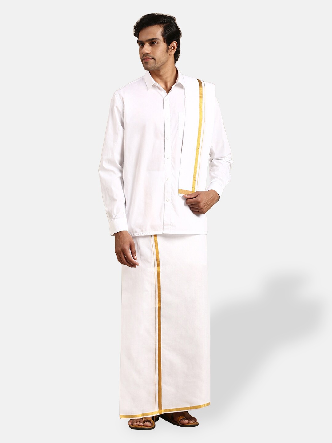 

Ramraj Men Pure Cotton Shirt With Dhoti & Towel, White