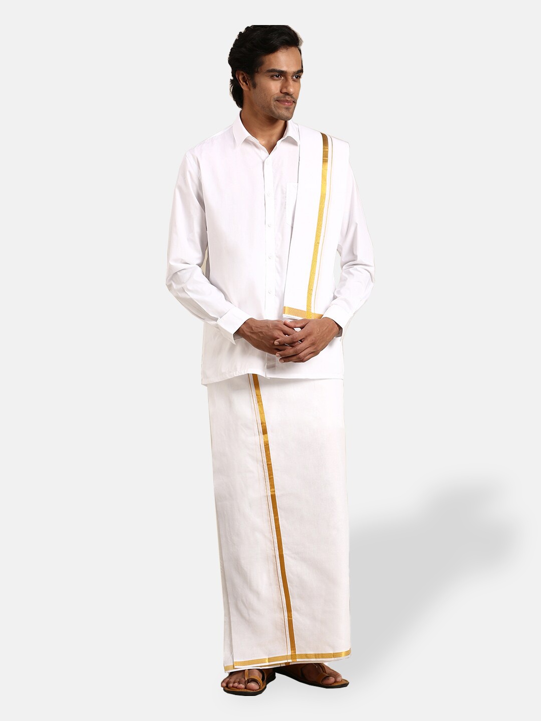 

Ramraj Men Pure Cotton White Full Sleeves Shirt With Double Dhoti, Towel And Belt