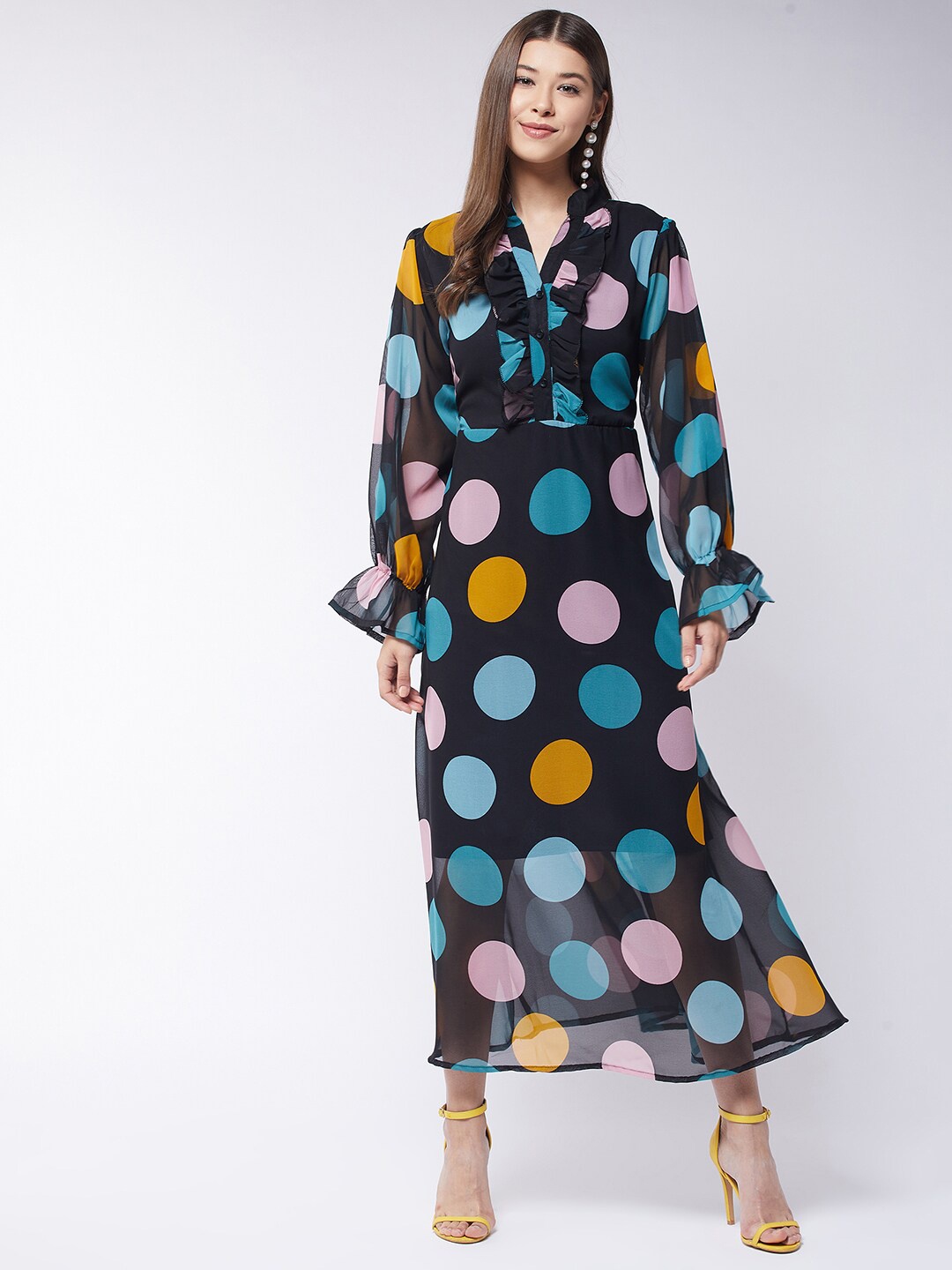 

Purple Feather V-Neck Polka Dot Printed Ruffles Georgette Maxi Dress, Navy blue