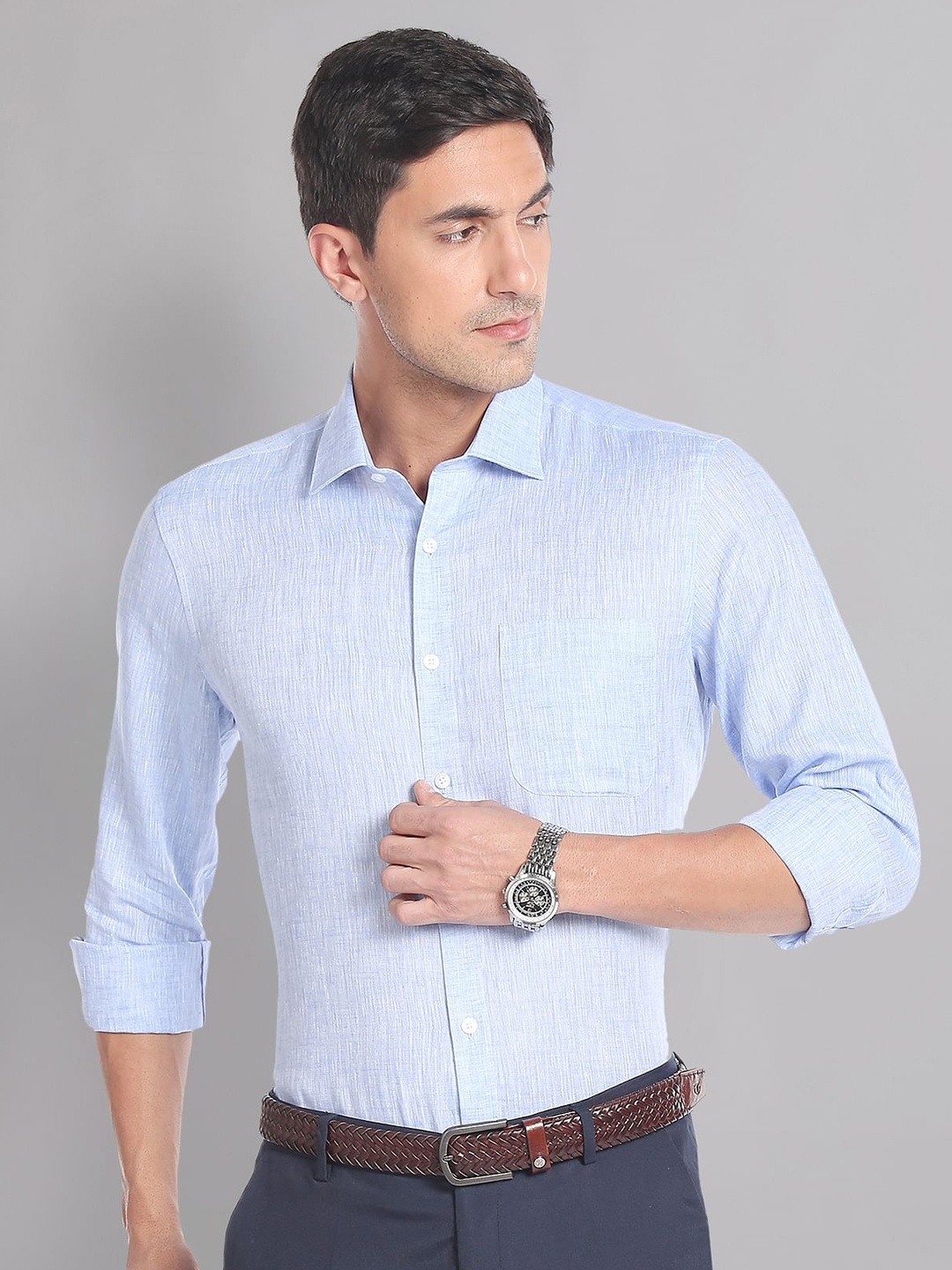 

AD By Arvind Spread Collar Pure Linen Formal Shirt, Blue