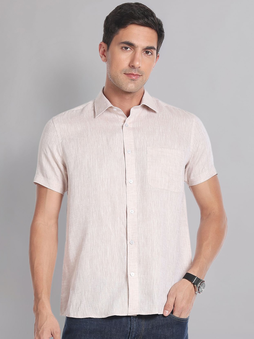 

AD By Arvind Regular Fit Pure Linen Casual Shirt, Beige