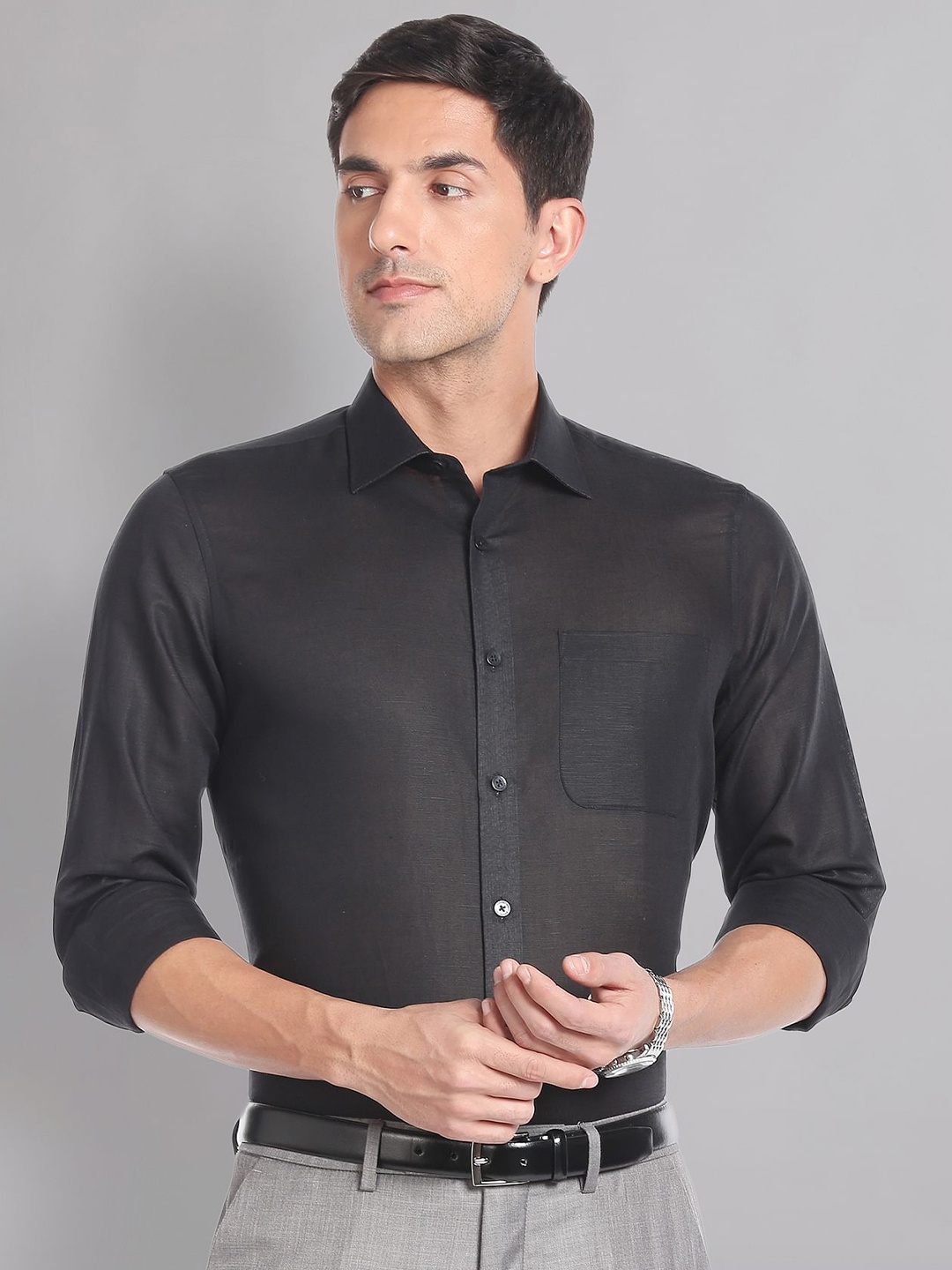 

AD By Arvind Spread Collar Pure Linen Formal Shirt, Black