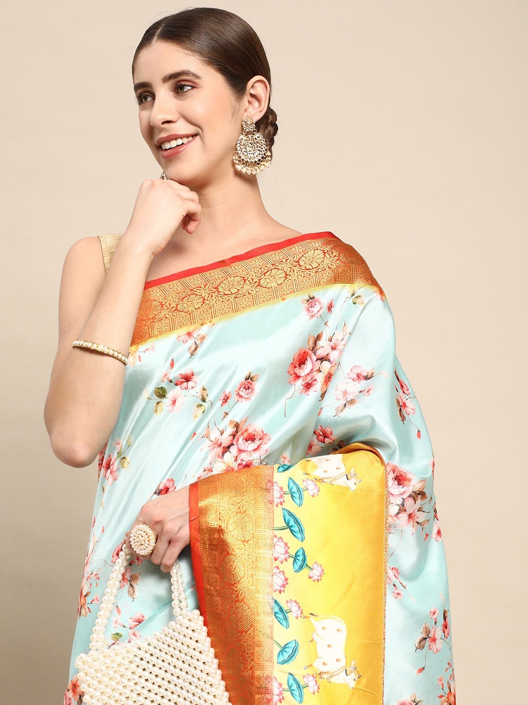 

VASTRANAND Floral Zari Silk Blend Banarasi Saree, Blue