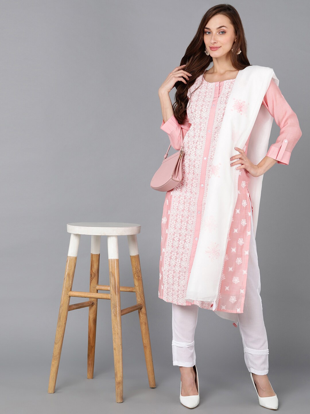 

AHIKA Ethnic Motifs Embroidered Panelled Kurta with Trousers & Dupatta, Pink