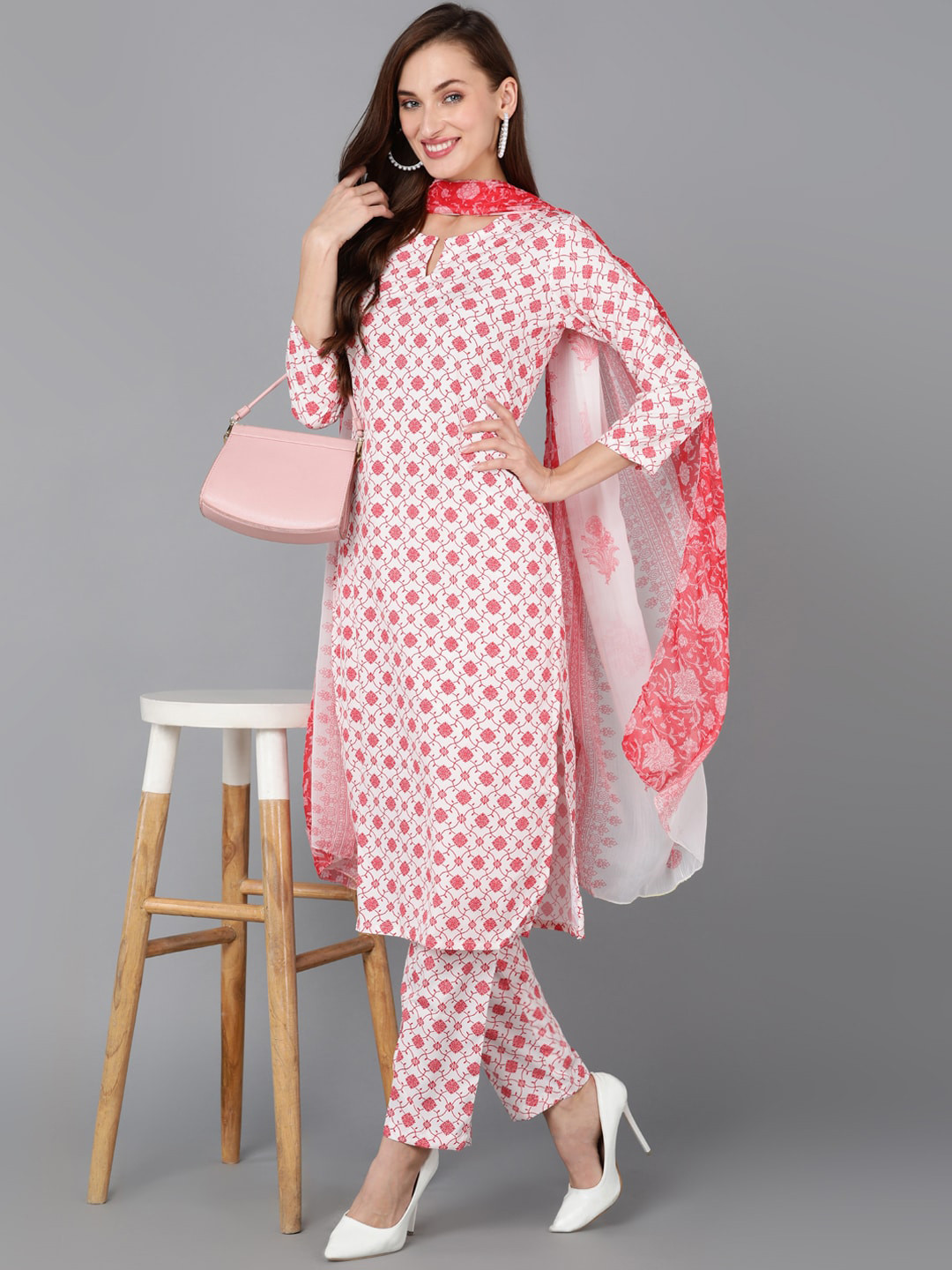 

AHIKA Ethnic Printed Notched Neck Kurta with Trousers & Dupatta, White