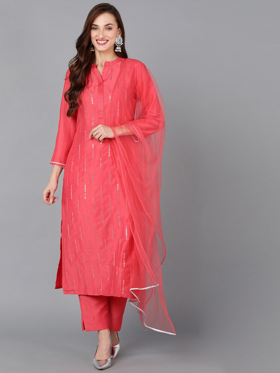 

AHIKA Mandarin Collar Sequinned Kurta with Trousers & Dupatta, Coral