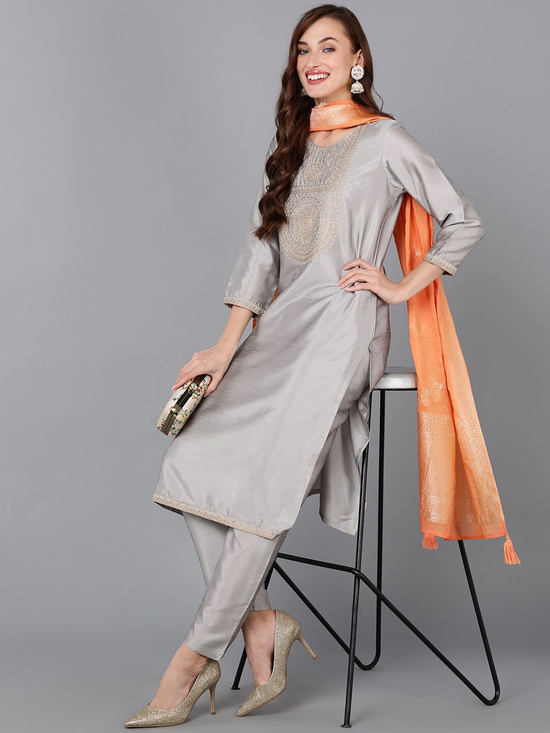 

AHIKA Ethnic Motifs Embroidered Zari Kurta with Trousers & Dupatta, Grey