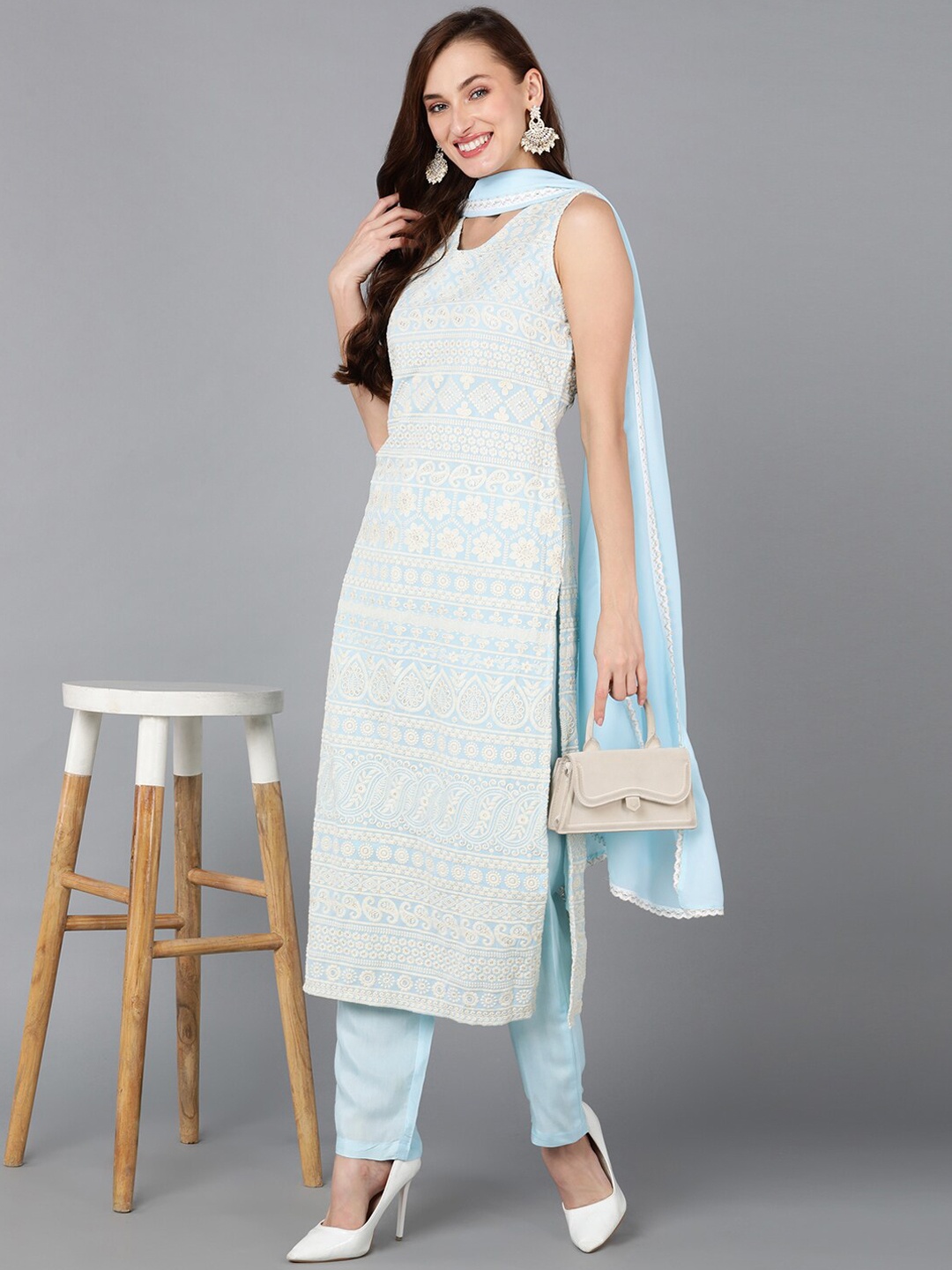 

AHIKA Ethnic Motifs Embroidered V Neck Chikankari Kurta With Trousers & Dupatta, Blue