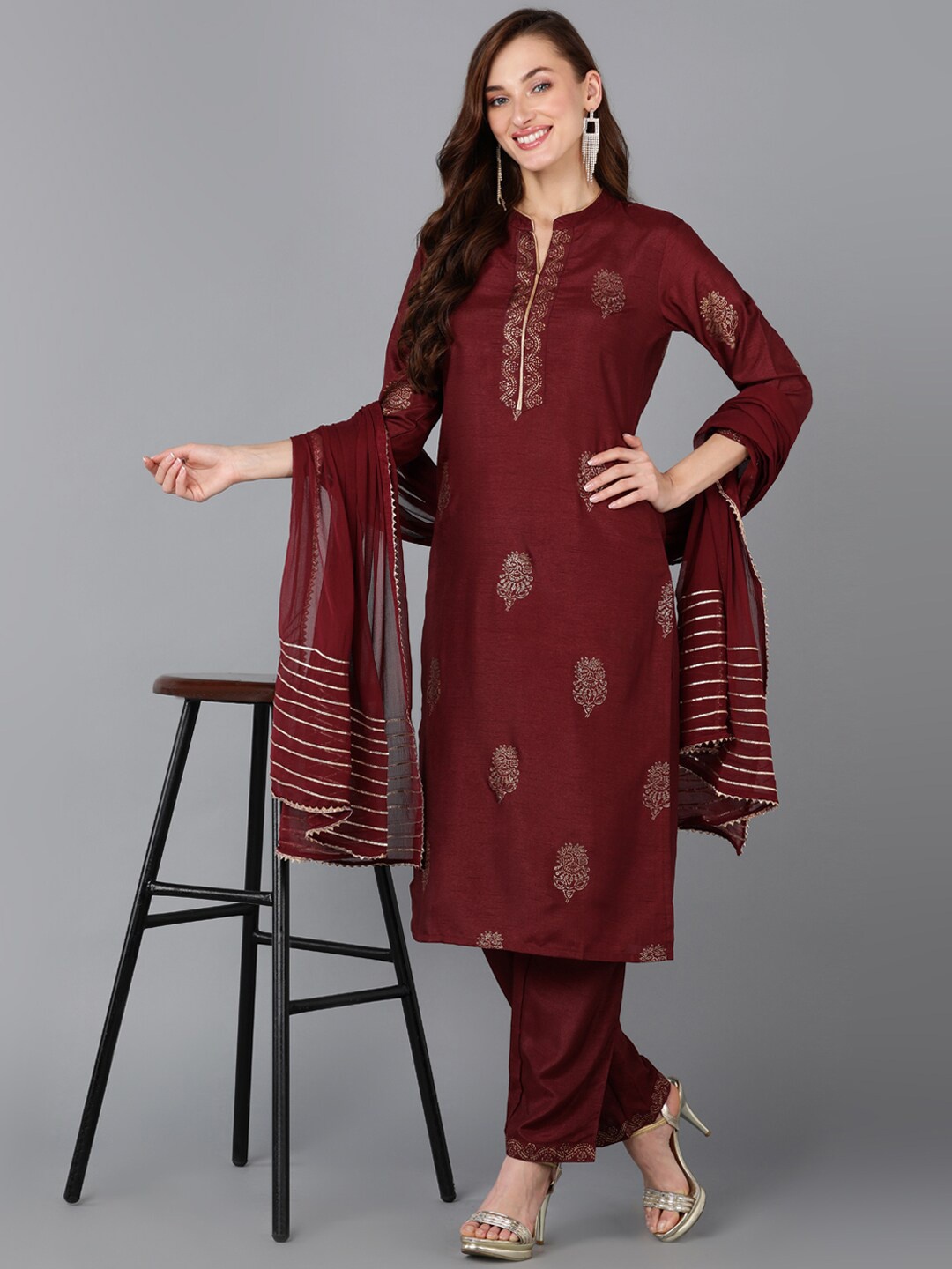 

AHIKA Ethnic Motif Printed Band Collar Kurta With Trousers & Dupatta, Maroon