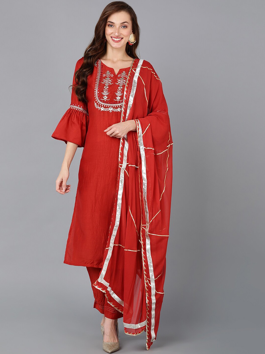 

AHIKA Ethnic Motifs Embroidered Mirror Work Kurta with Trousers & Dupatta, Red