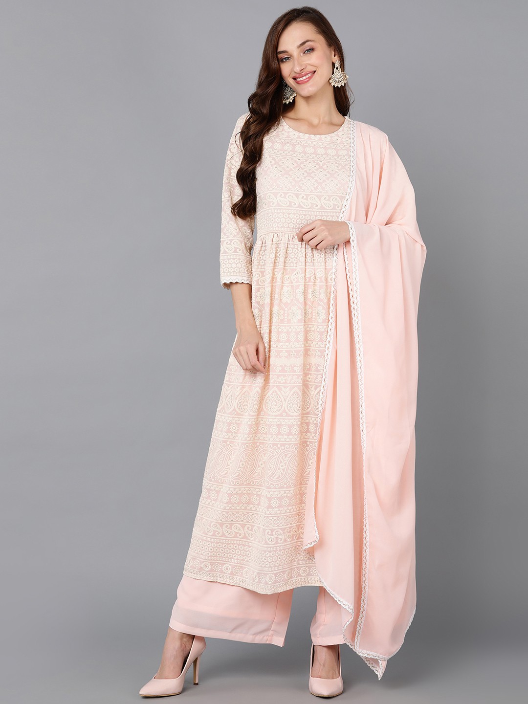

AHIKA Ethnic Motifs Embroidered Anarkali Kurta with Palazzos & Dupatta, Peach