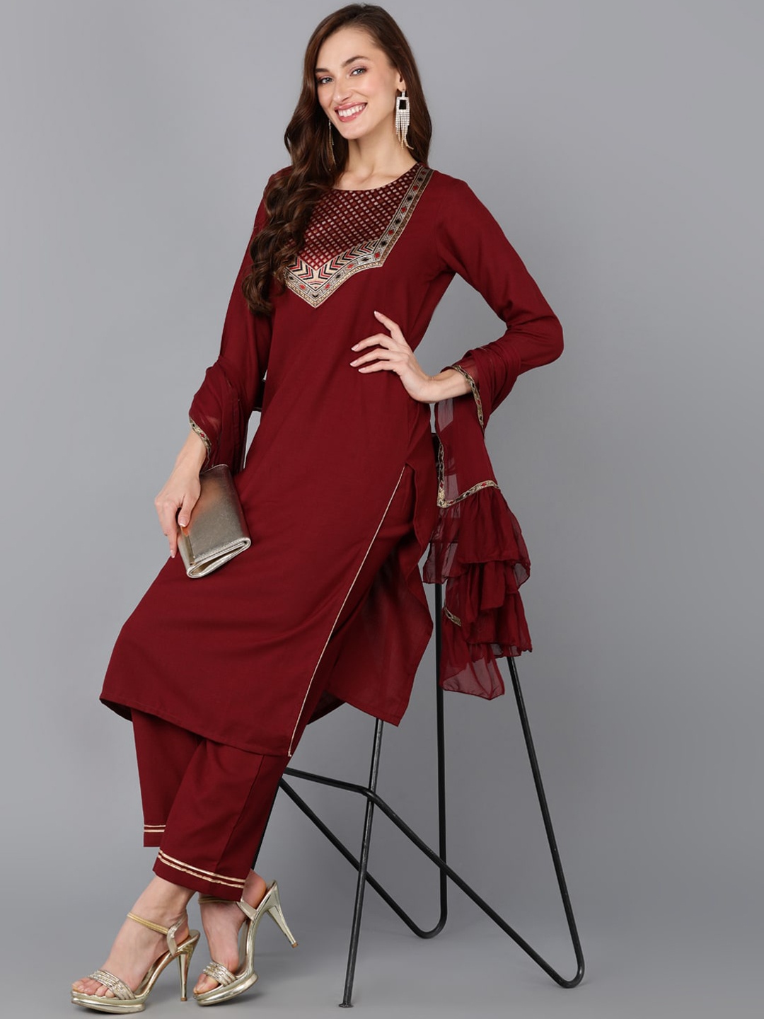 

AHIKA Geometric Yoke Design Kurta with Trousers & With Dupatta, Maroon