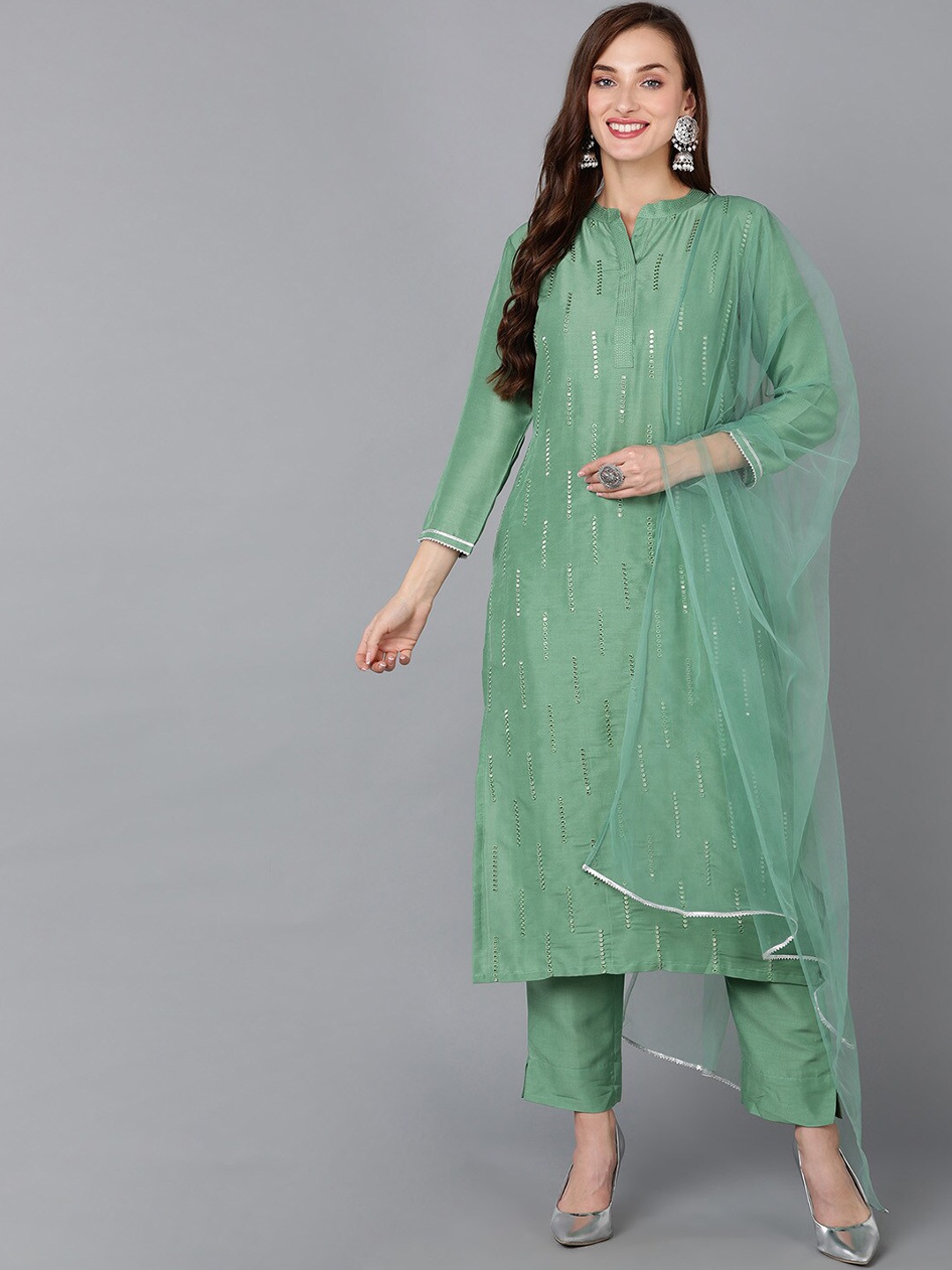 

AHIKA Embroidered Mirror Work Kurta with Trousers & Dupatta, Green