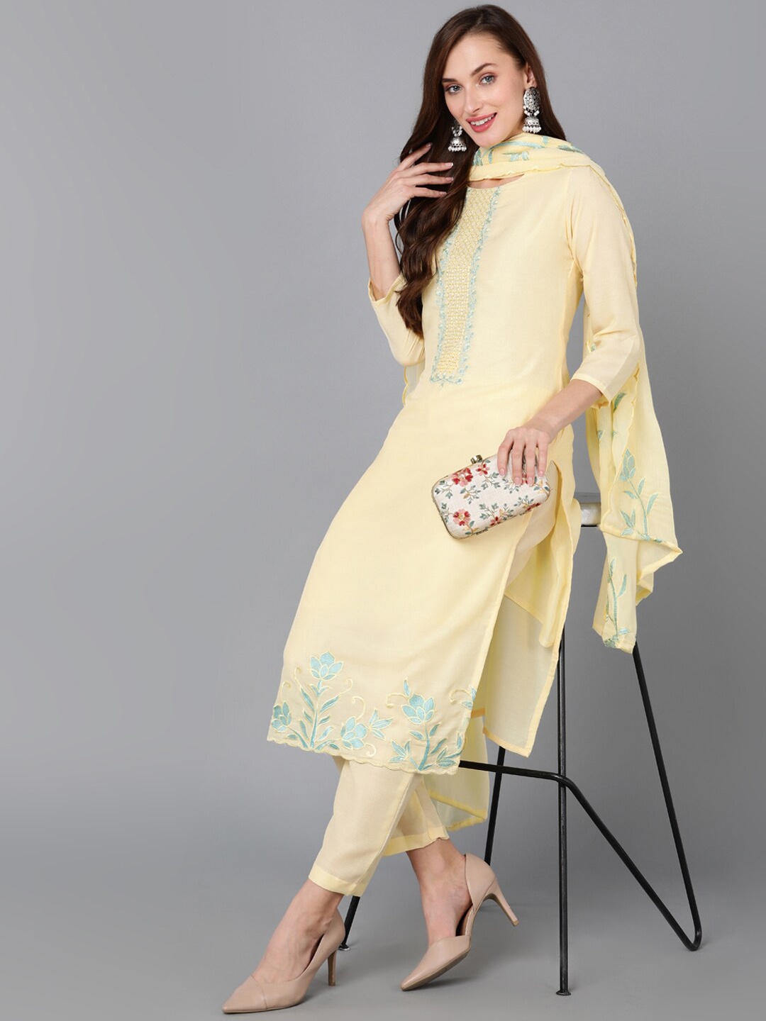 

AHIKA Ethnic Motifs Embroidered Kurta with Trousers & Dupatta, Yellow