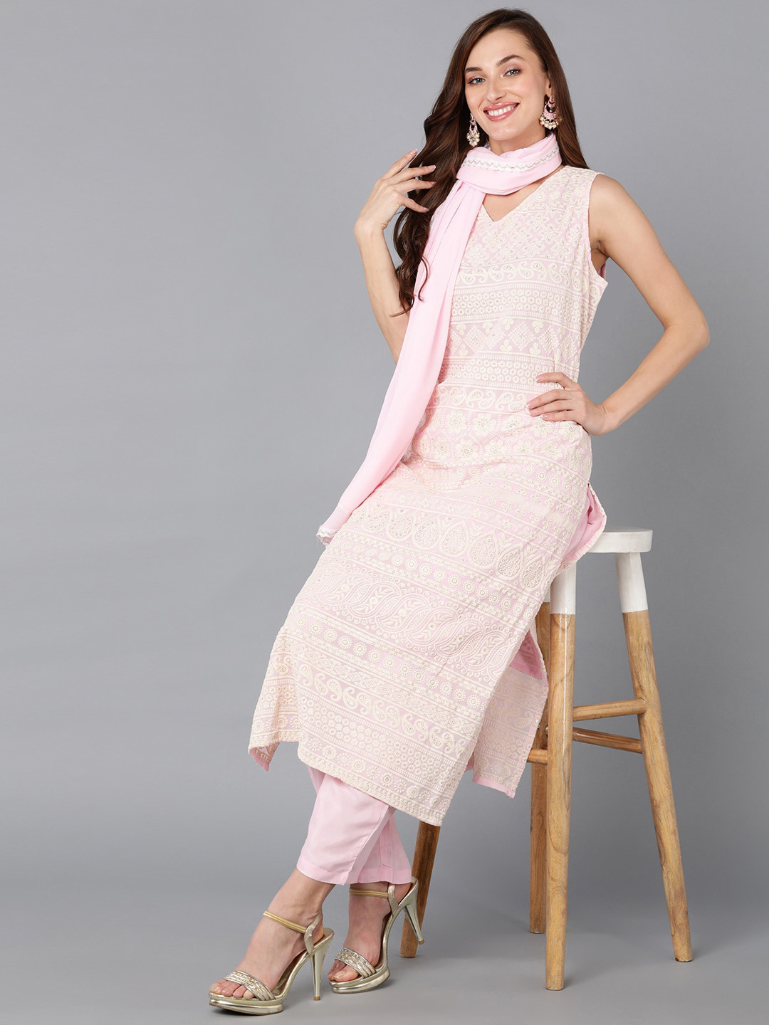 

AHIKA Ethnic Motifs Embroidered V-Neck Kurta with Trousers & Dupatta, Pink