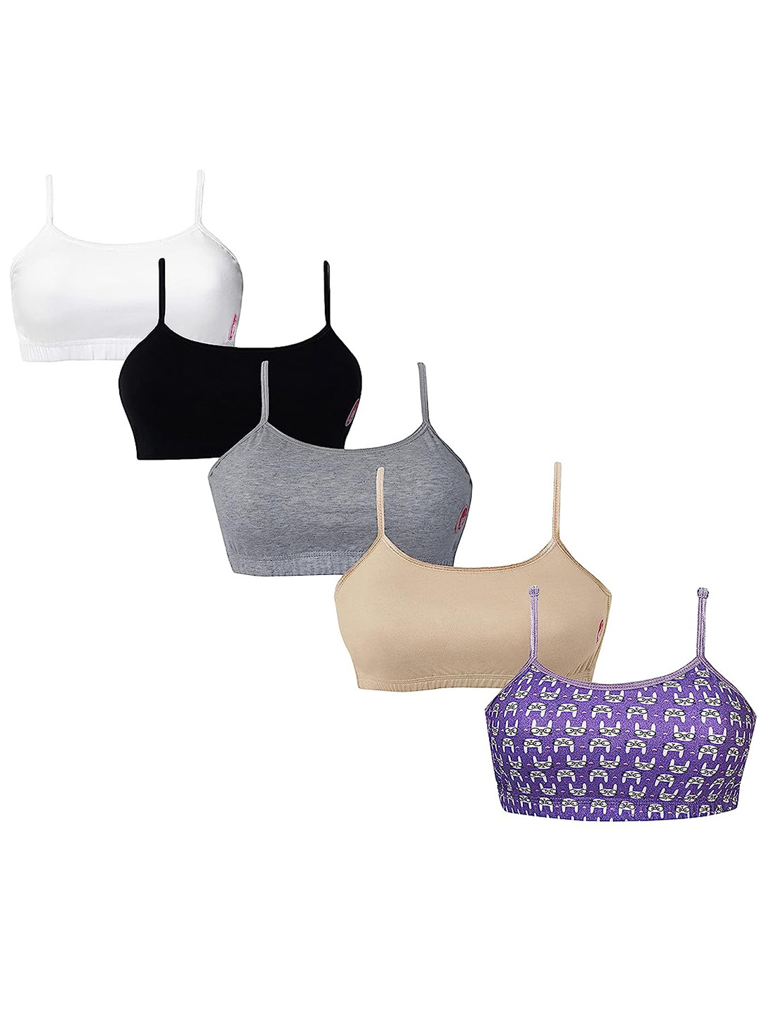 

DChica Girls Pack Of 5 Printed Full Coverage All Day Comfort Cotton Everyday Bras, Purple