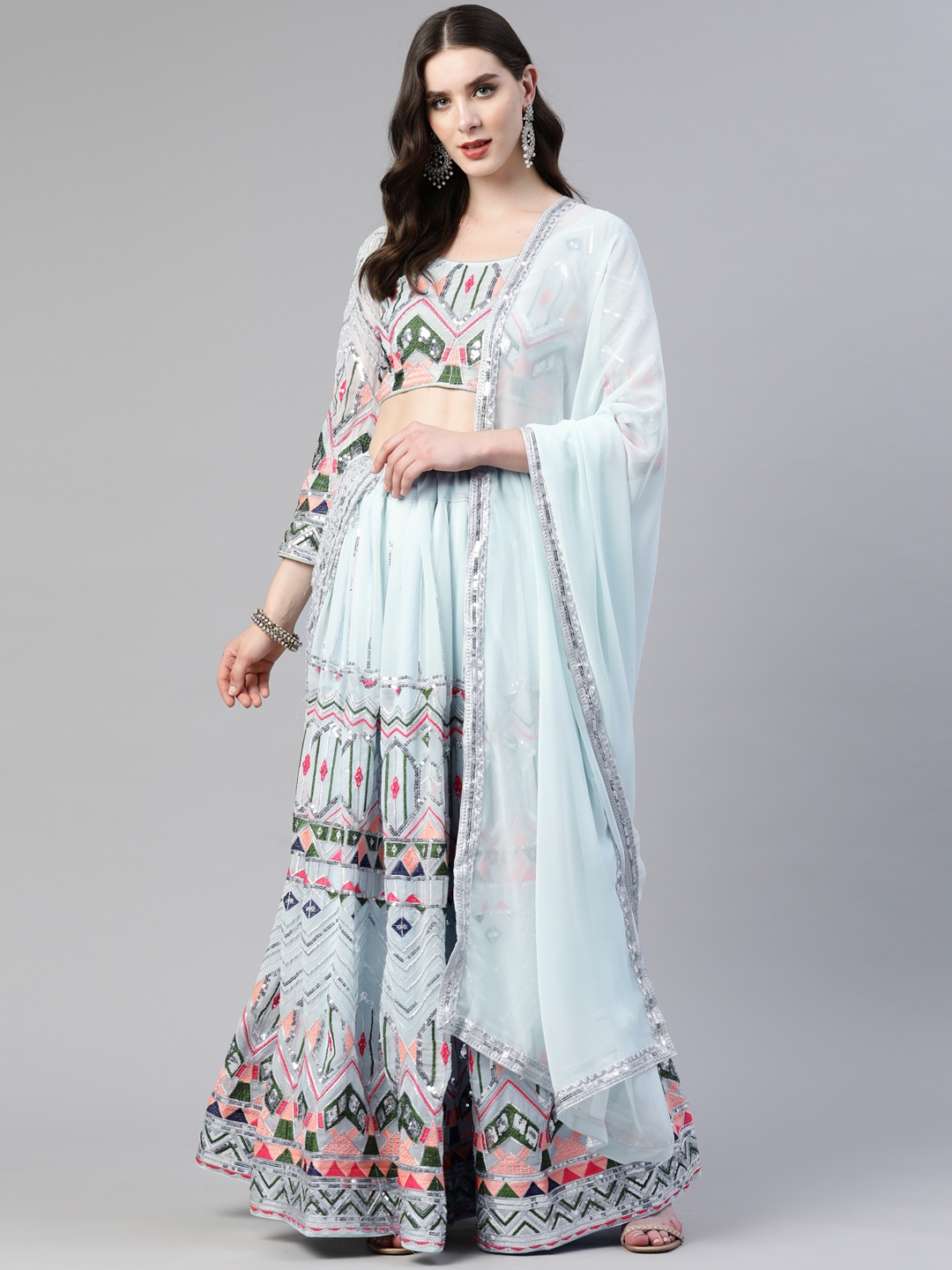 

Readiprint Fashions Embroidered Sequinned Unstitched Lehenga & Blouse With Dupatta, Grey