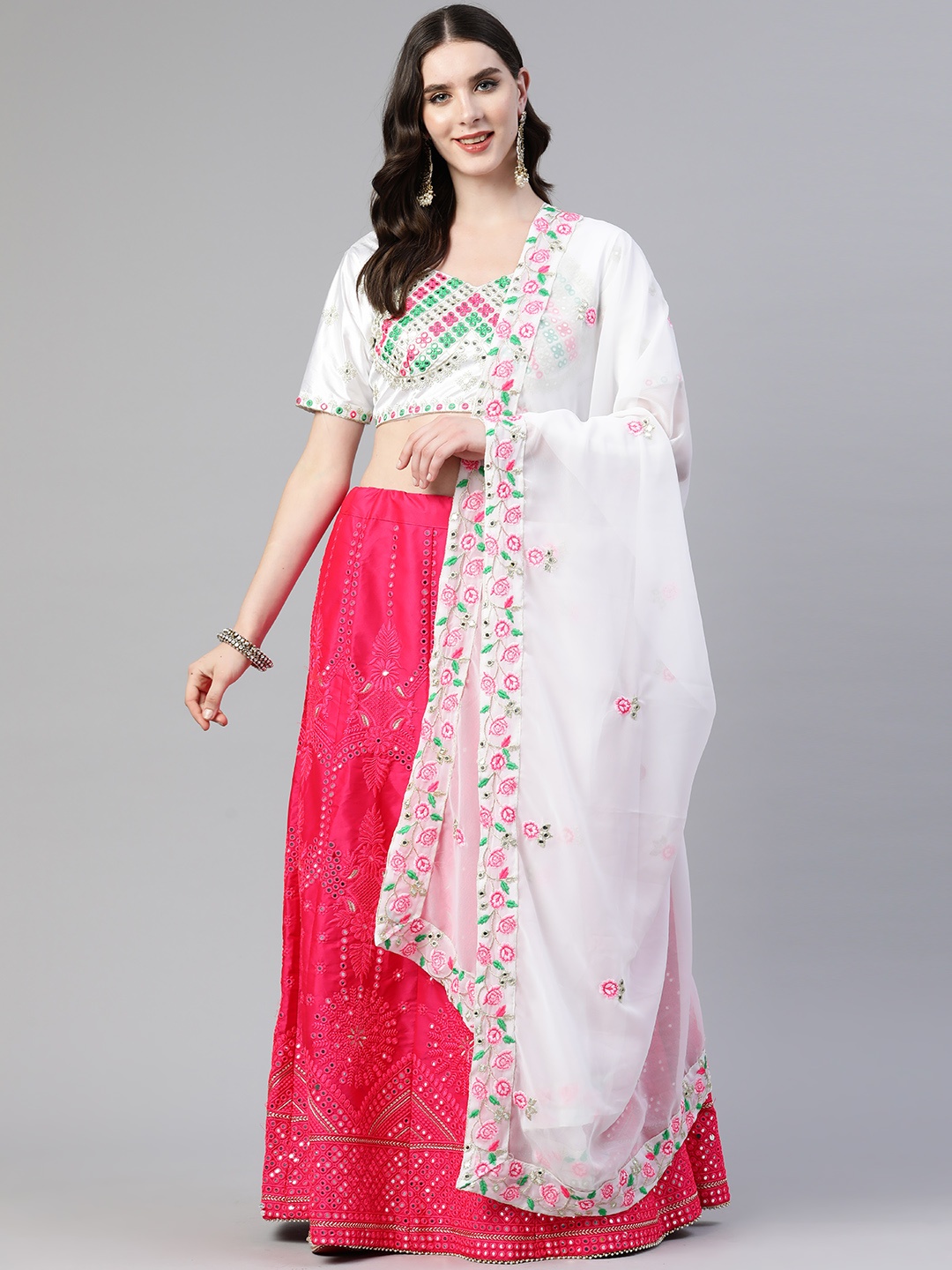 

Readiprint Fashions Embroidered Mirror Work Unstitched Lehenga & Blouse With Dupatta, Magenta