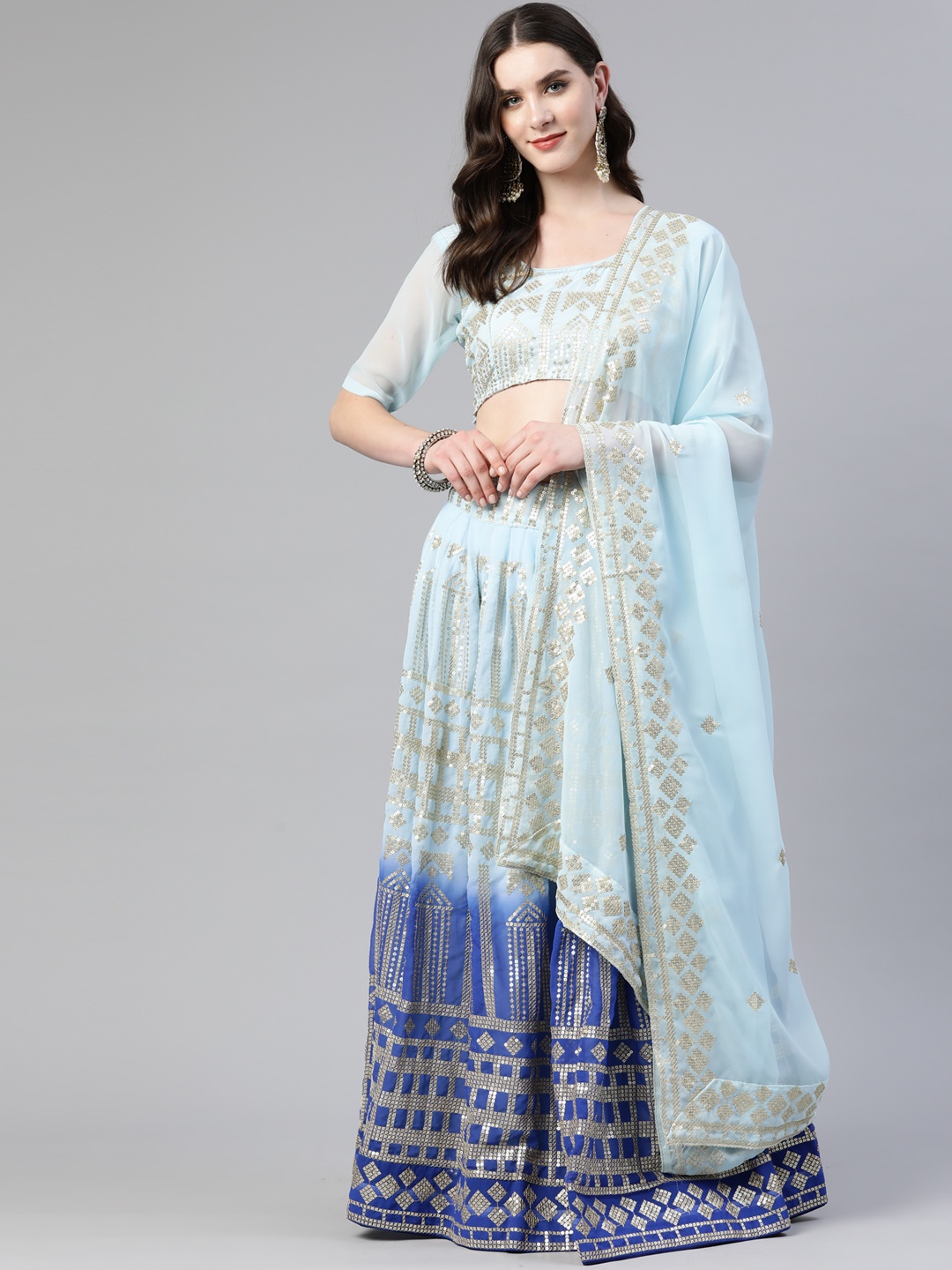 

Readiprint Fashions Embroidered Sequinned Unstitched Lehenga & Blouse With Dupatta, Blue