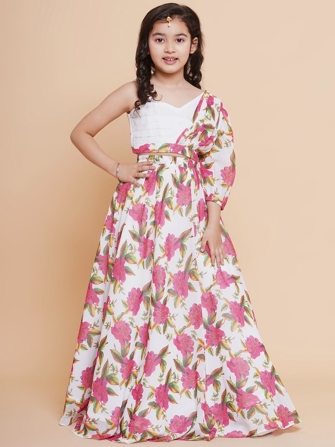 

Bitiya by Bhama Girls Floral Print One Shoulder Puff Sleeves Ready to Wear Lehenga & Choli, White