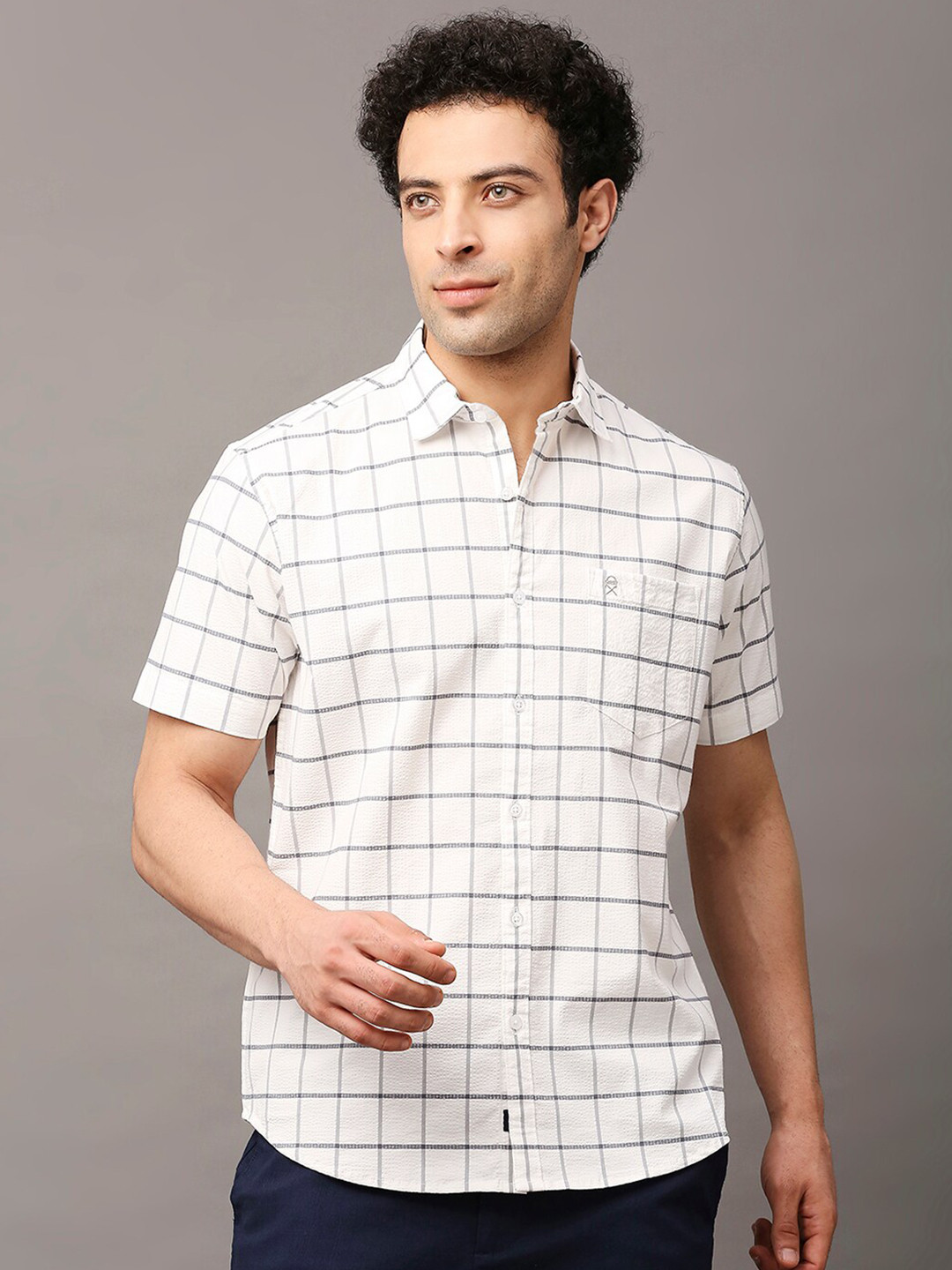 

Thomas Scott Men Windowpane Checked Cotton Opaque Slim Fit Classic Casual Shirt, White