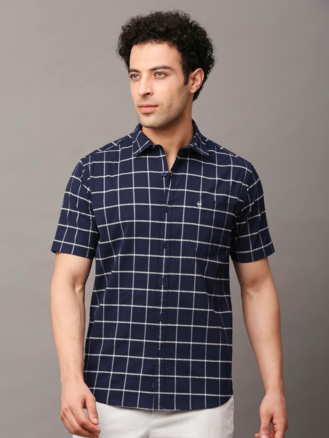 

Thomas Scott Men Windowpane Checked Cotton Opaque Slim Fit Classic Casual Shirt, Navy blue