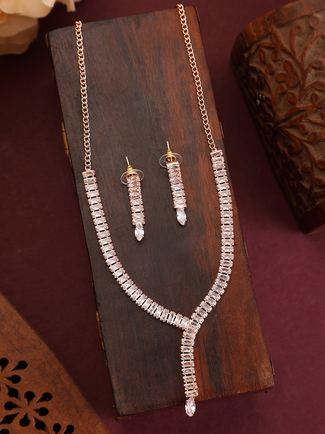 

ZaffreCollections Rose Gold-Plated American Diamond-Studded Necklace and Earrings