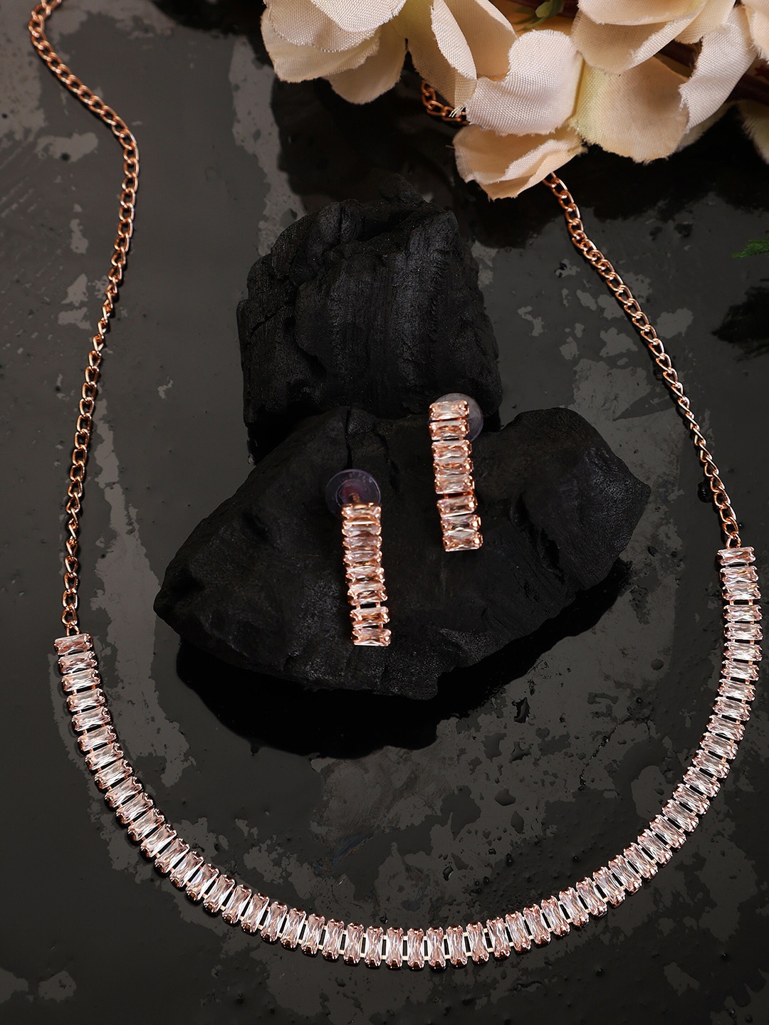 

ZaffreCollections Rose Gold-Plated American Diamond-Studded Necklace and Earrings