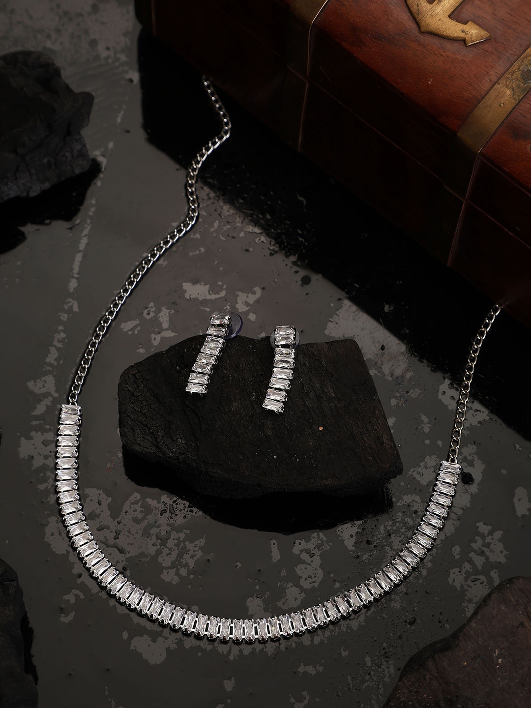 

ZaffreCollections Silver-Plated American Diamond-Studded Jewellery Set