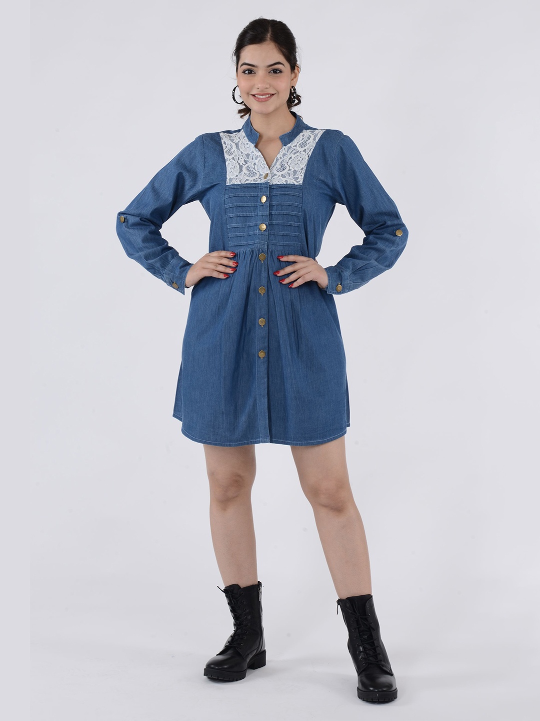 

SUMAVI-FASHION Band Collar Denim Longline Casual Shirt, Blue