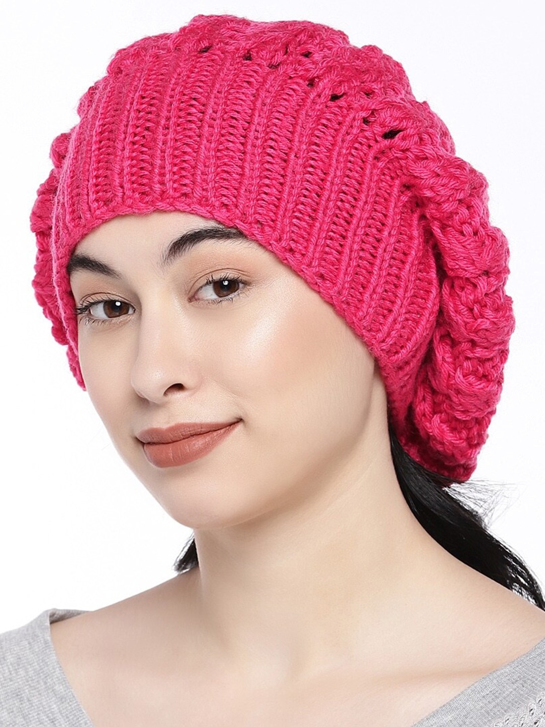 

Magic Needles Women Self Design Acrylic Beanie, Pink