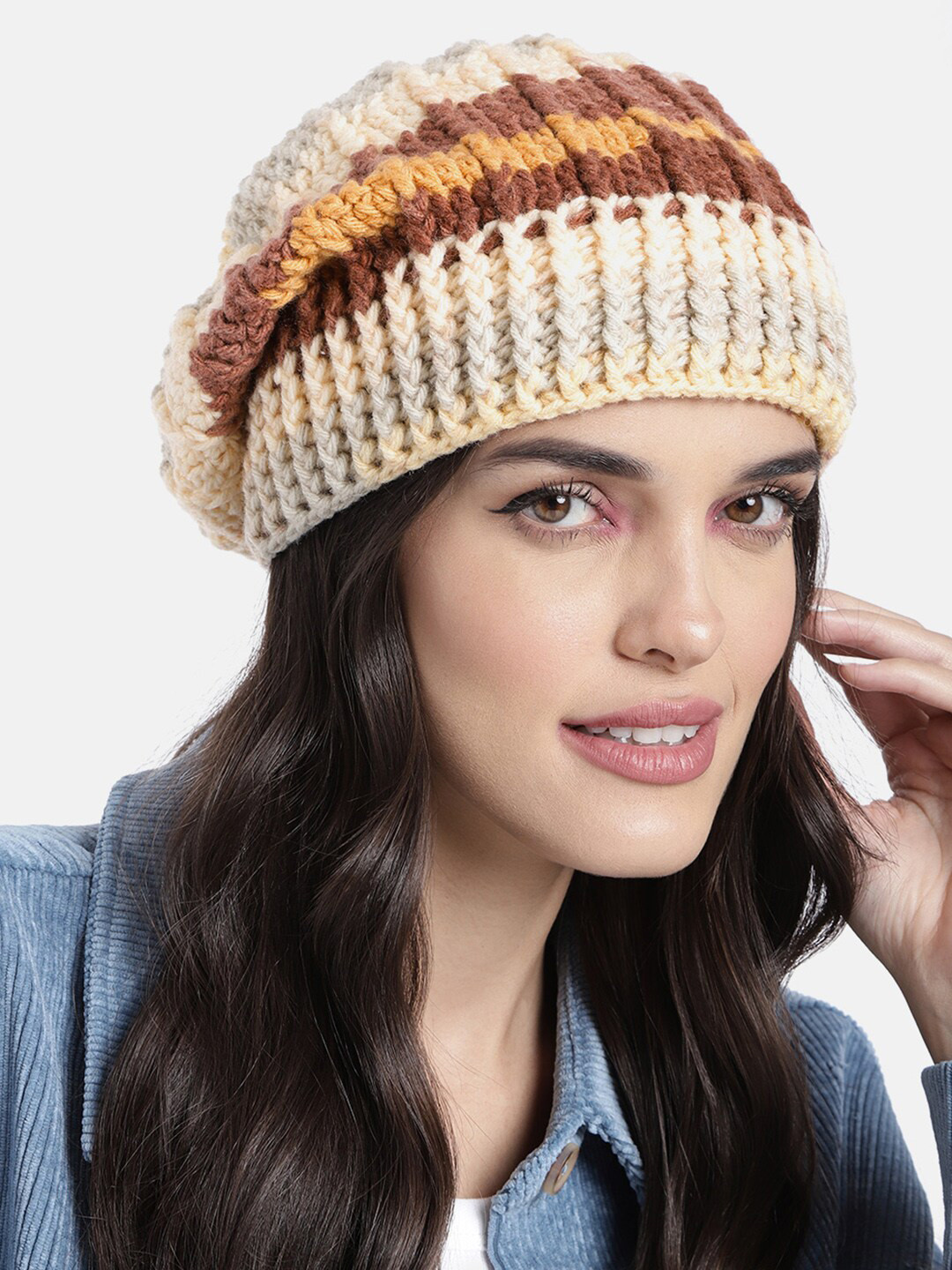 

Magic Needles Women Colourblocked Acrylic Beanie, Beige