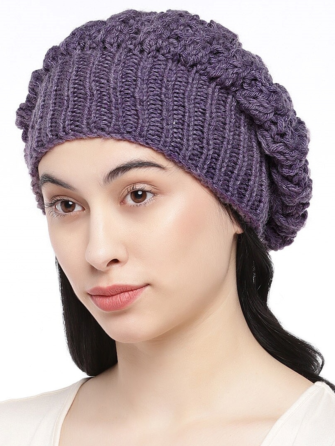 

Magic Needles Women Self Design Acrylic Beanie, Purple