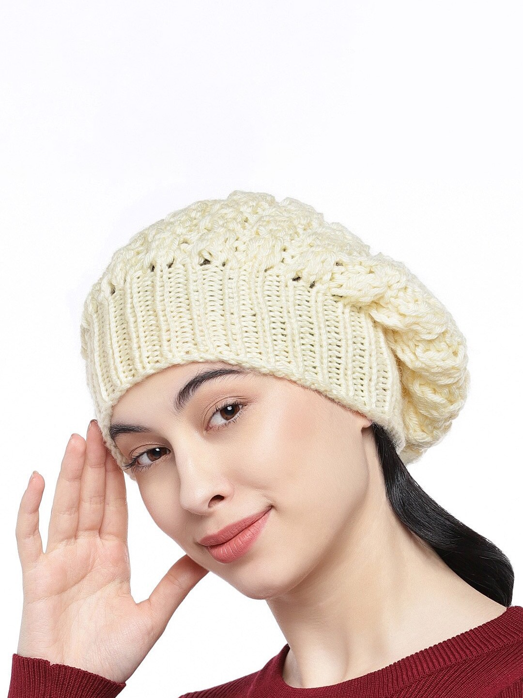 

Magic Needles Women Self Design Acrylic Beanie, Cream