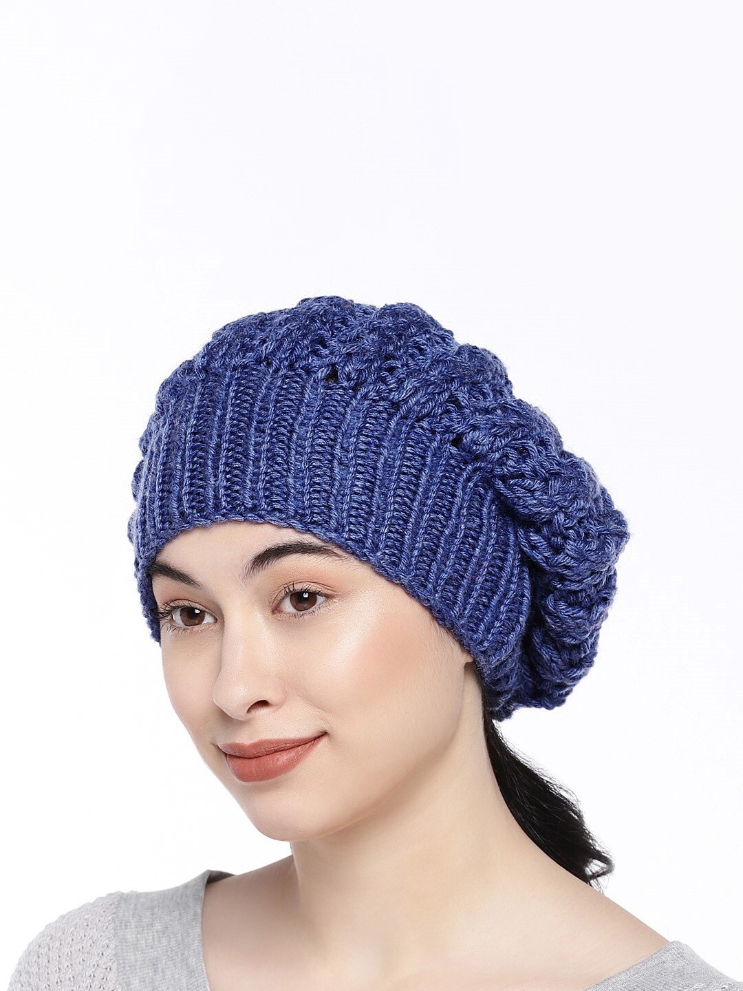 

Magic Needles Women Self Design Acrylic Beanie, Blue