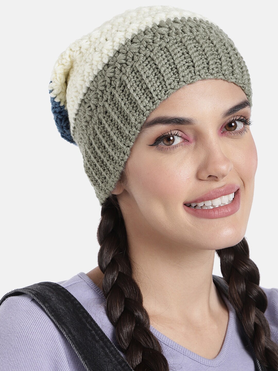 

Magic Needles Women Colourblocked Acrylic Beanie, Blue