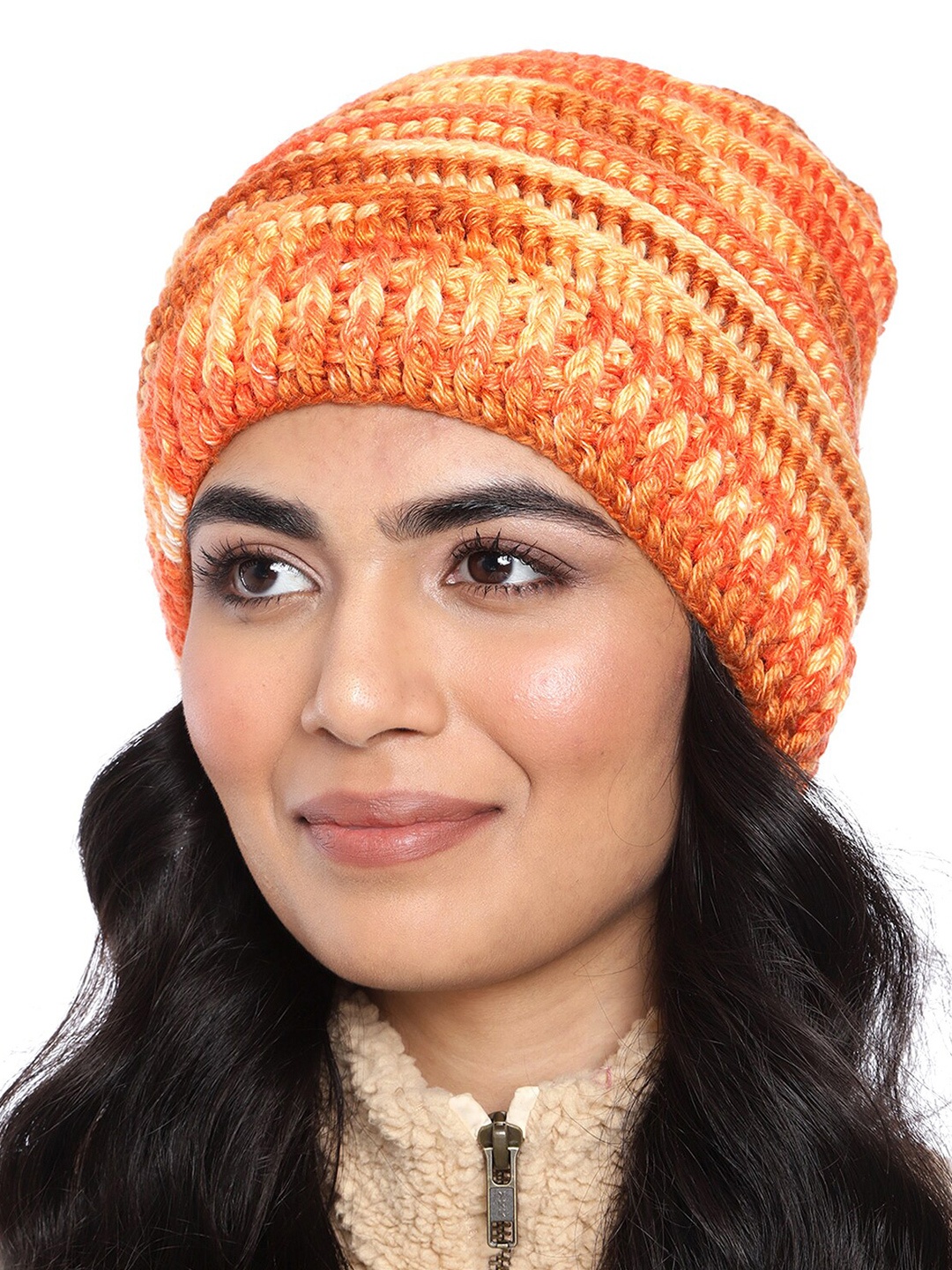 

Magic Needles Women Self Design Acrylic Beanie, Orange