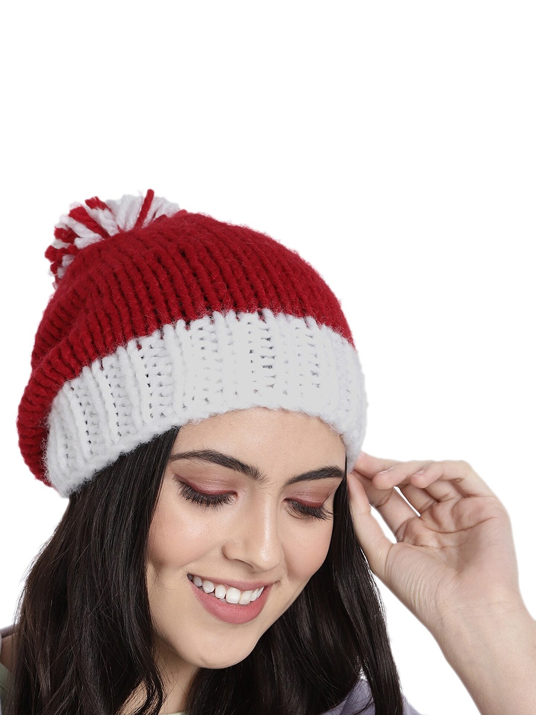

Magic Needles Women Colourblocked Acrylic Beanie, Red