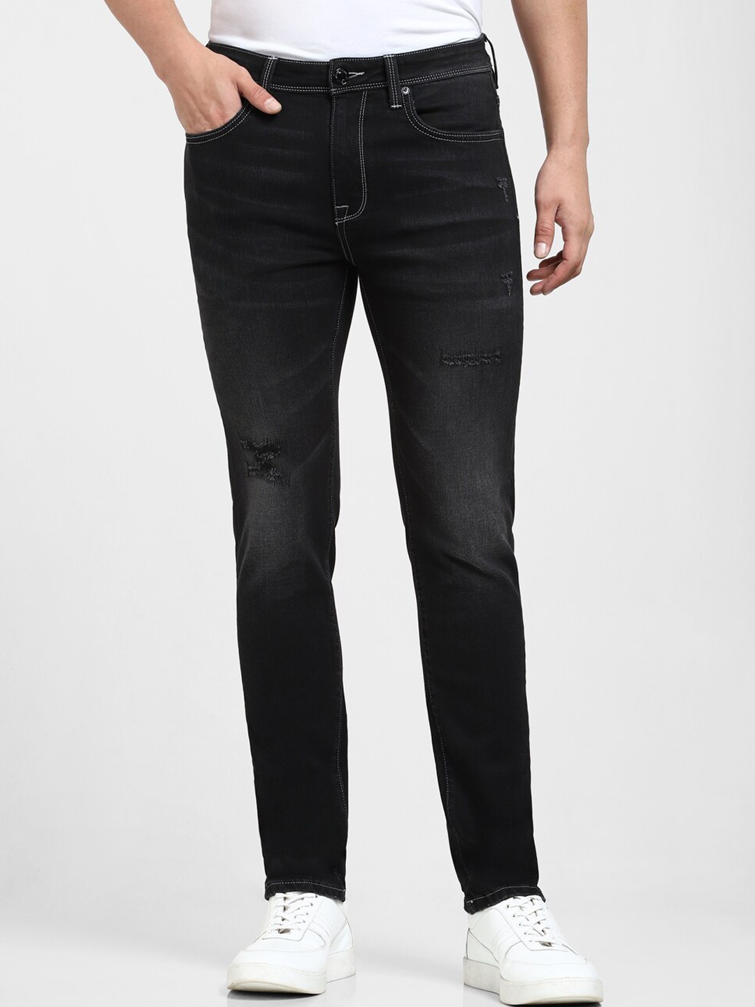 

SELECTED Men Slim Fit Low Distress Light Fade Stretchable Cotton Jeans, Black