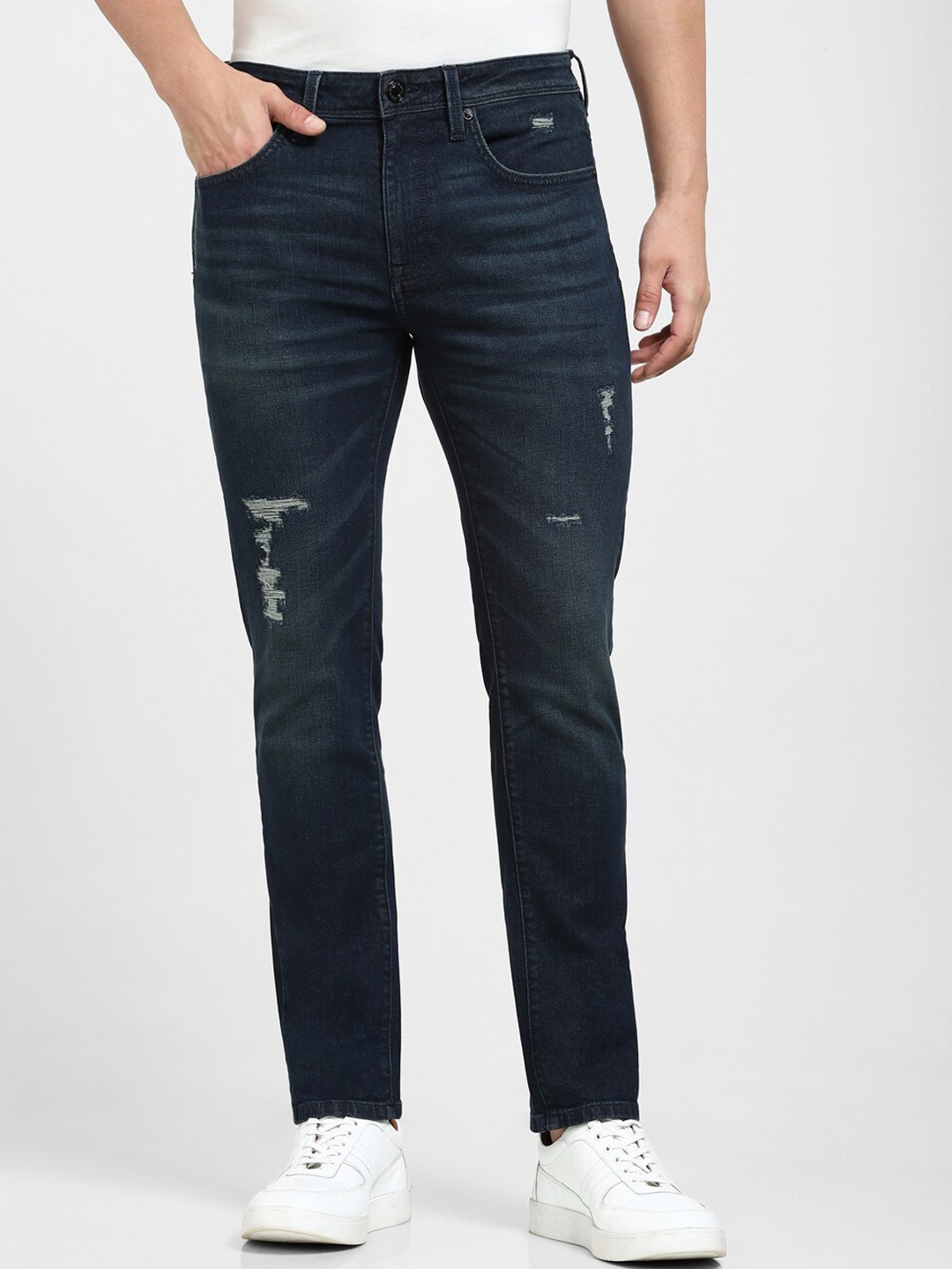 

SELECTED Men Slim Fit Mildly Distressed Stretchable Cotton Jeans, Navy blue