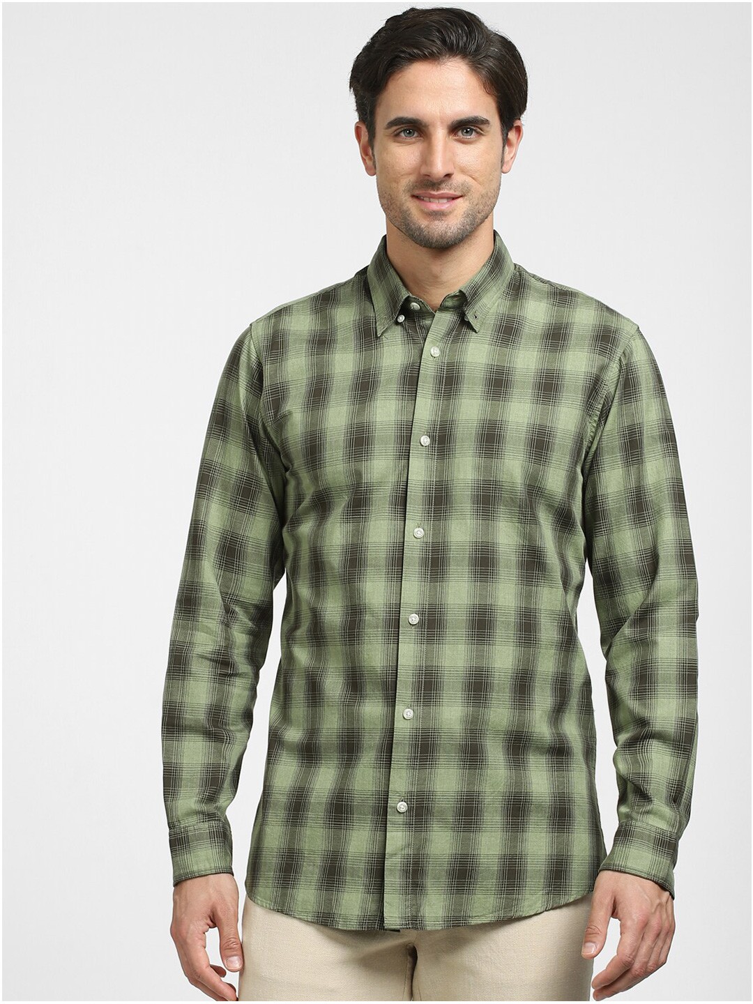 

SELECTED Slim Fit Tartan Checks Checked Cotton Casual Shirt, Green
