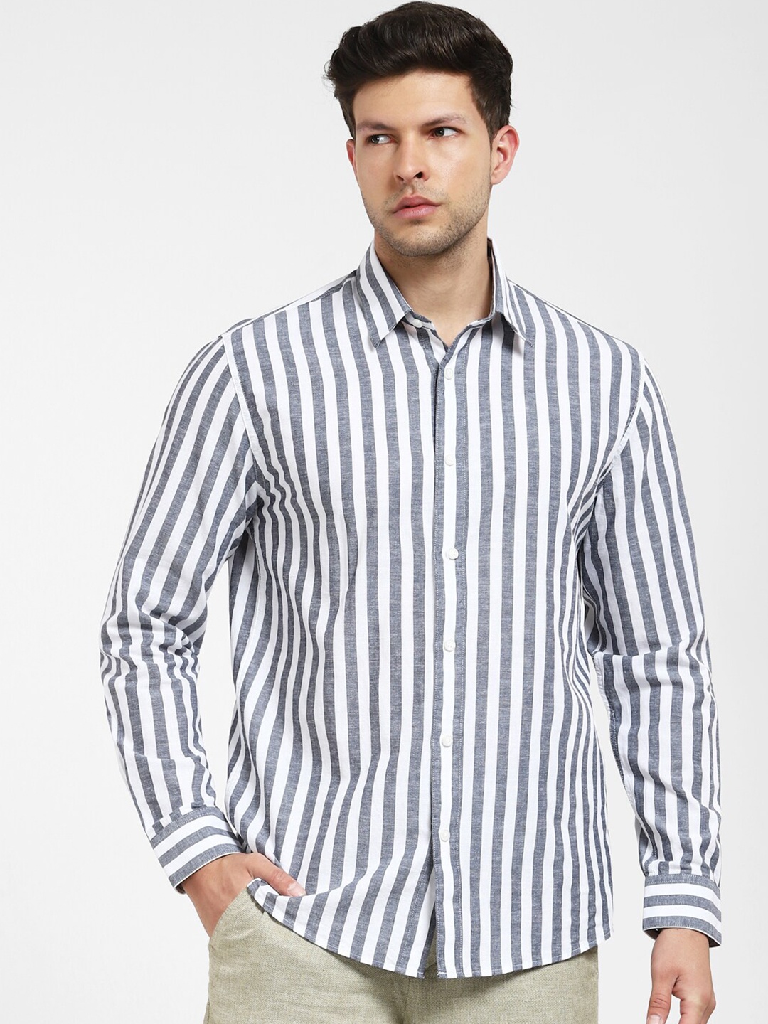 

SELECTED Men Striped Cotton Opaque Casual Shirt, Blue