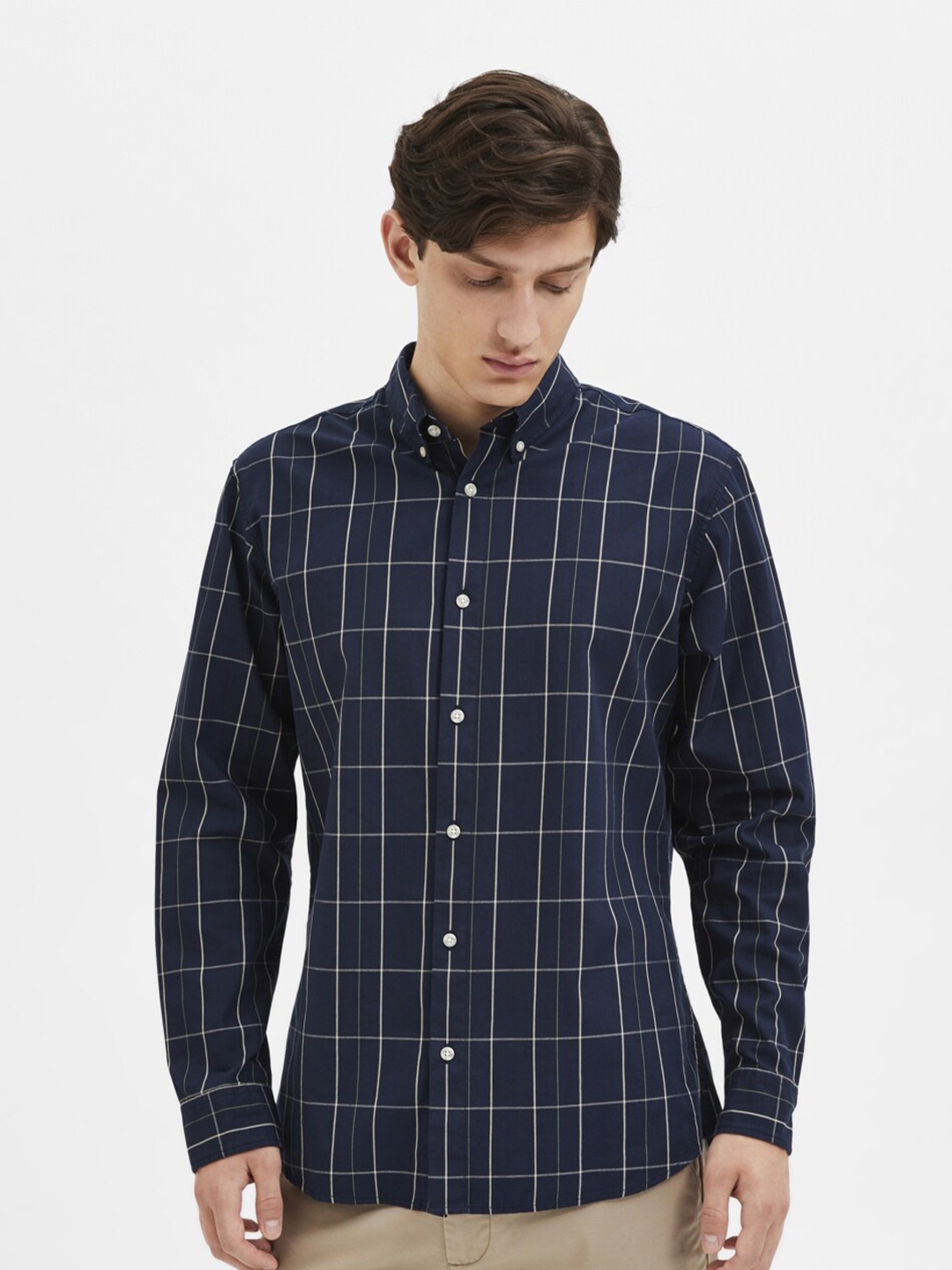 

SELECTED Checked Button Down Collar Slim Fit Opaque Organic Cotton Casual Shirt, Navy blue