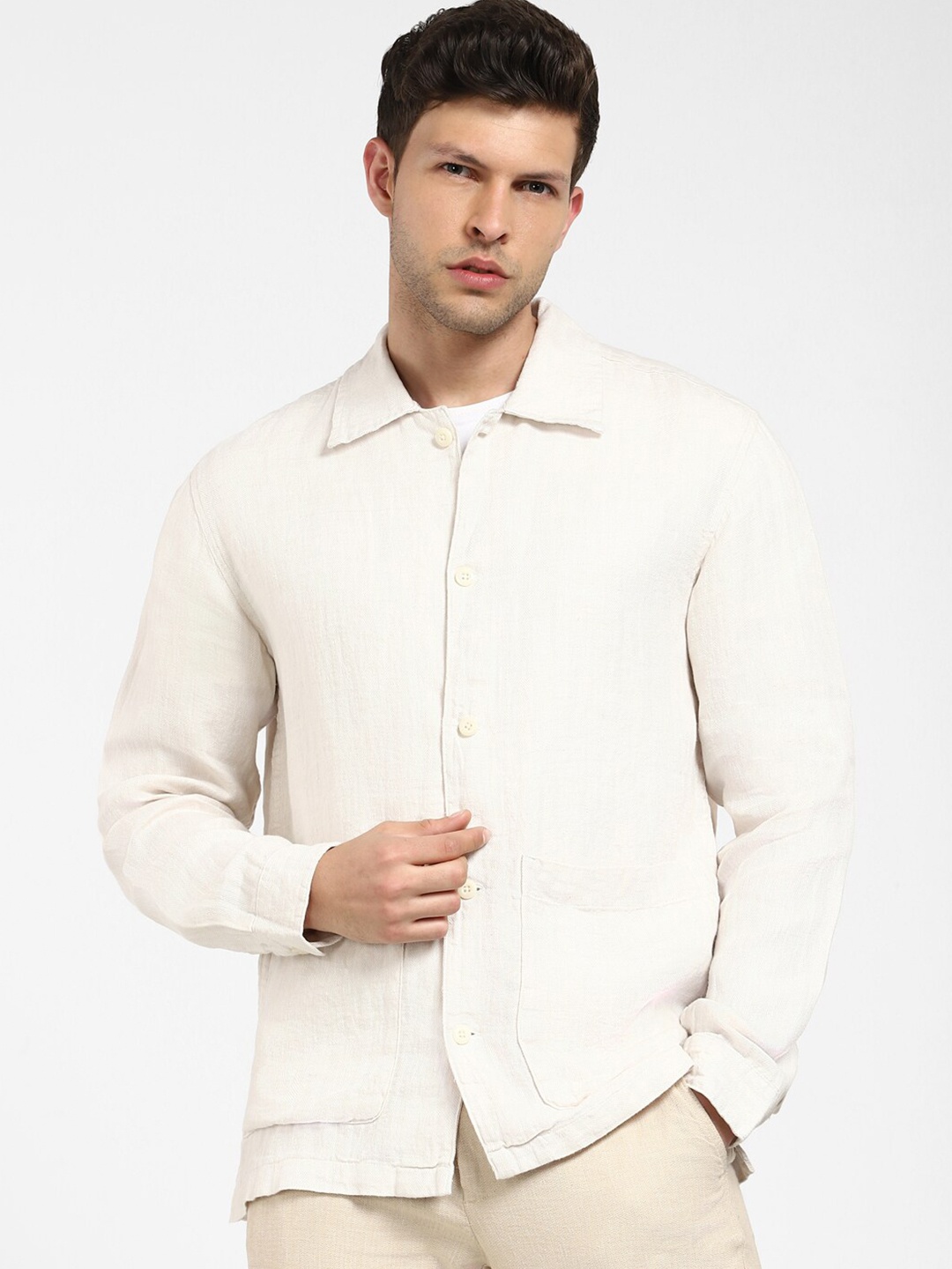 

SELECTED Boxy Cutaway Collar Linen Casual Shirt, Beige