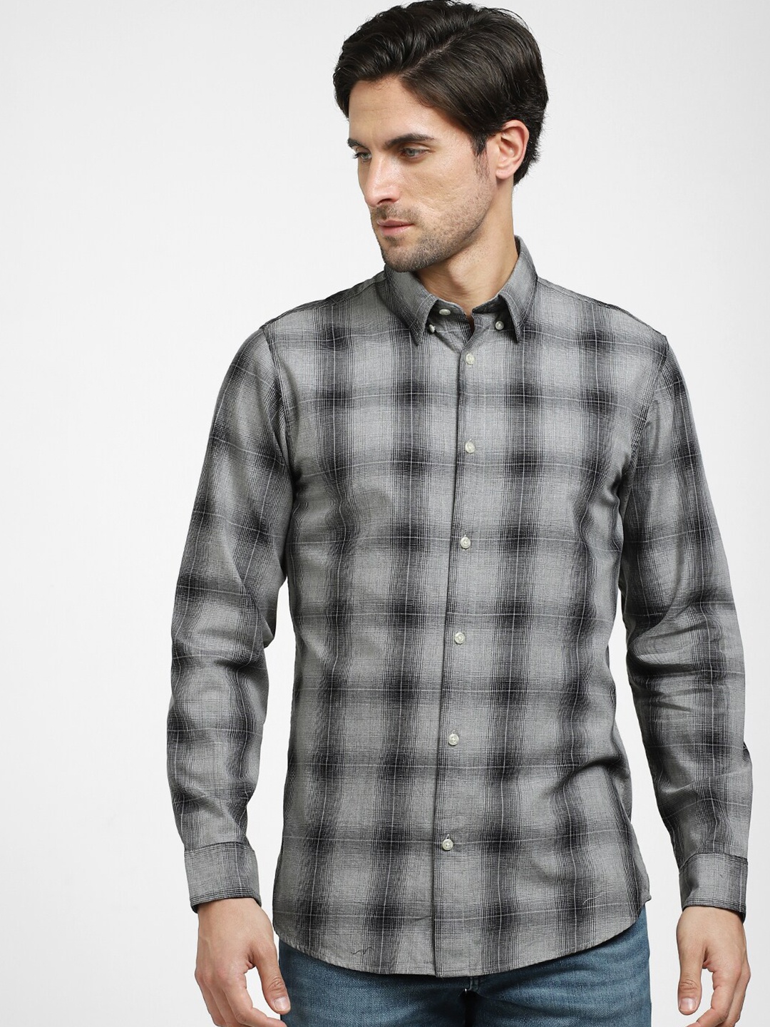 

SELECTED Checked Button Down Collar Slim Fit Tartan Checks Organic Cotton Casual Shirt, Grey