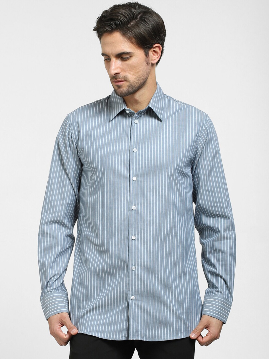 

SELECTED Men Organic Cotton Slim Fit Opaque Striped Casual Shirt, Blue