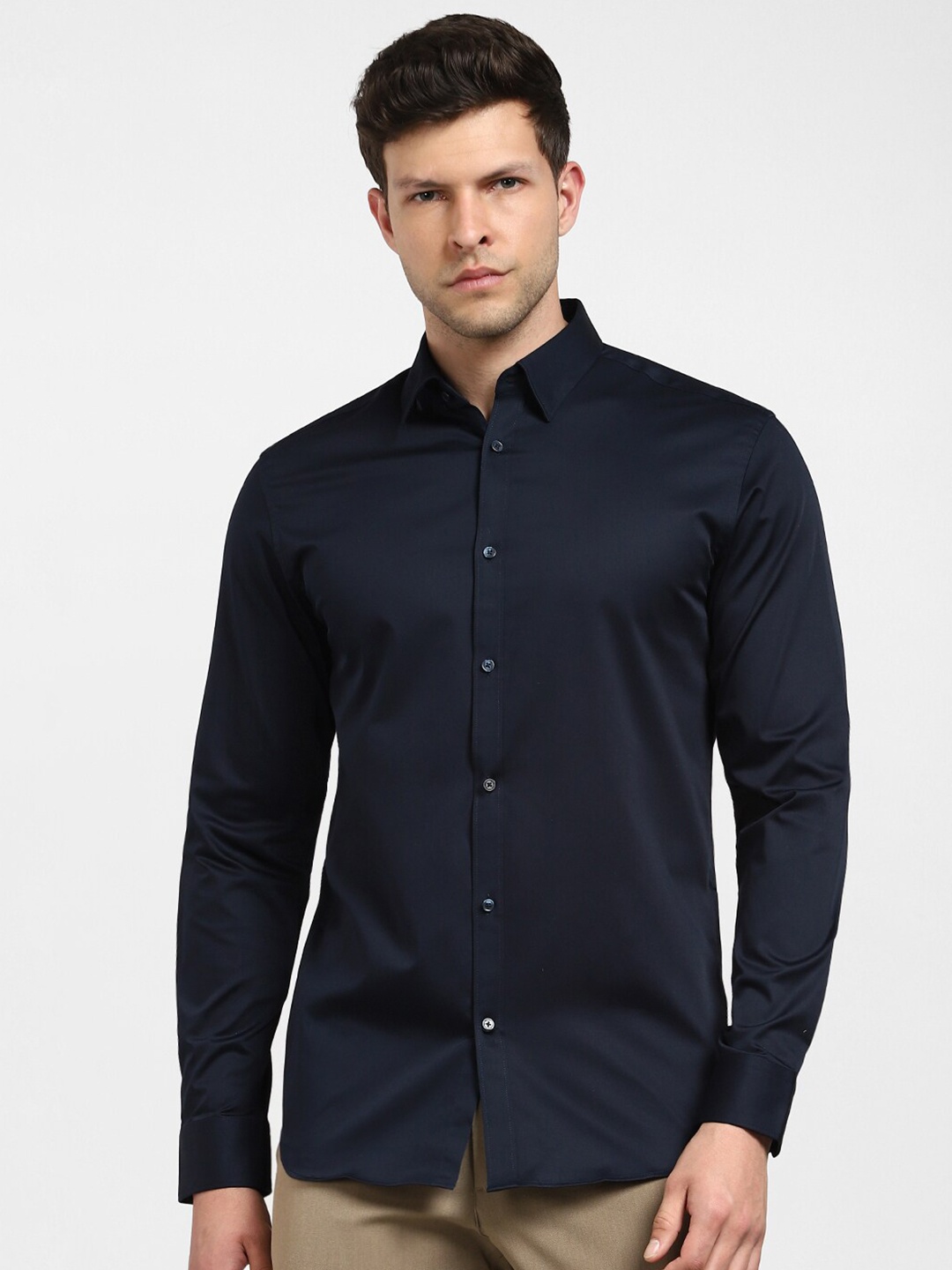 

SELECTED Spread Collar Slim Fit Cotton Casual Shirt, Navy blue